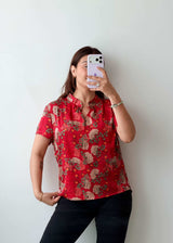 S-M Red Floral Mandarin Collar Shirt