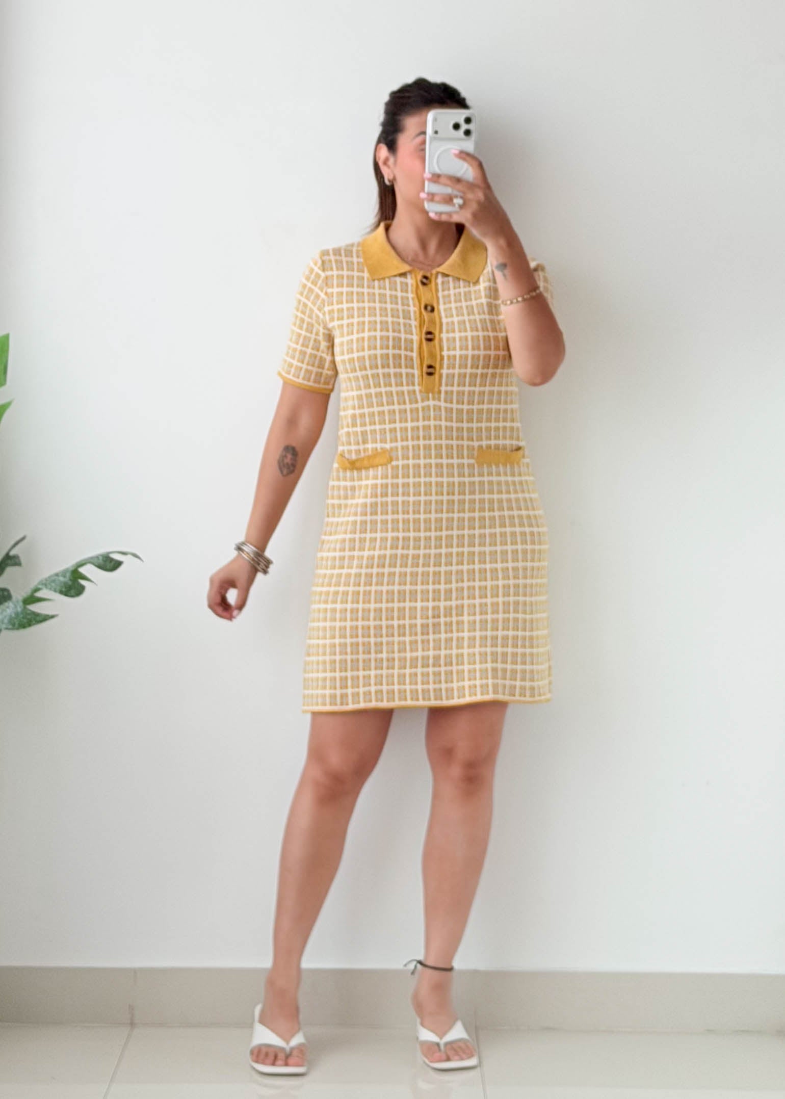 Size M-L Mustard Checked Polo Knit Mini Dress