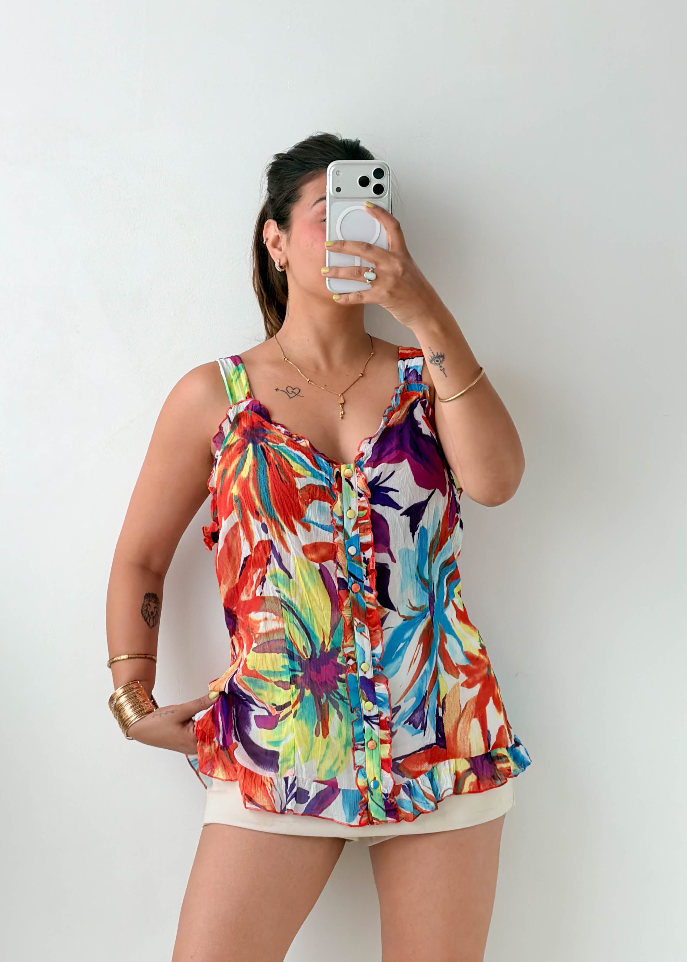 Size L-XL Multicolor Floral Ruffle Cami Top