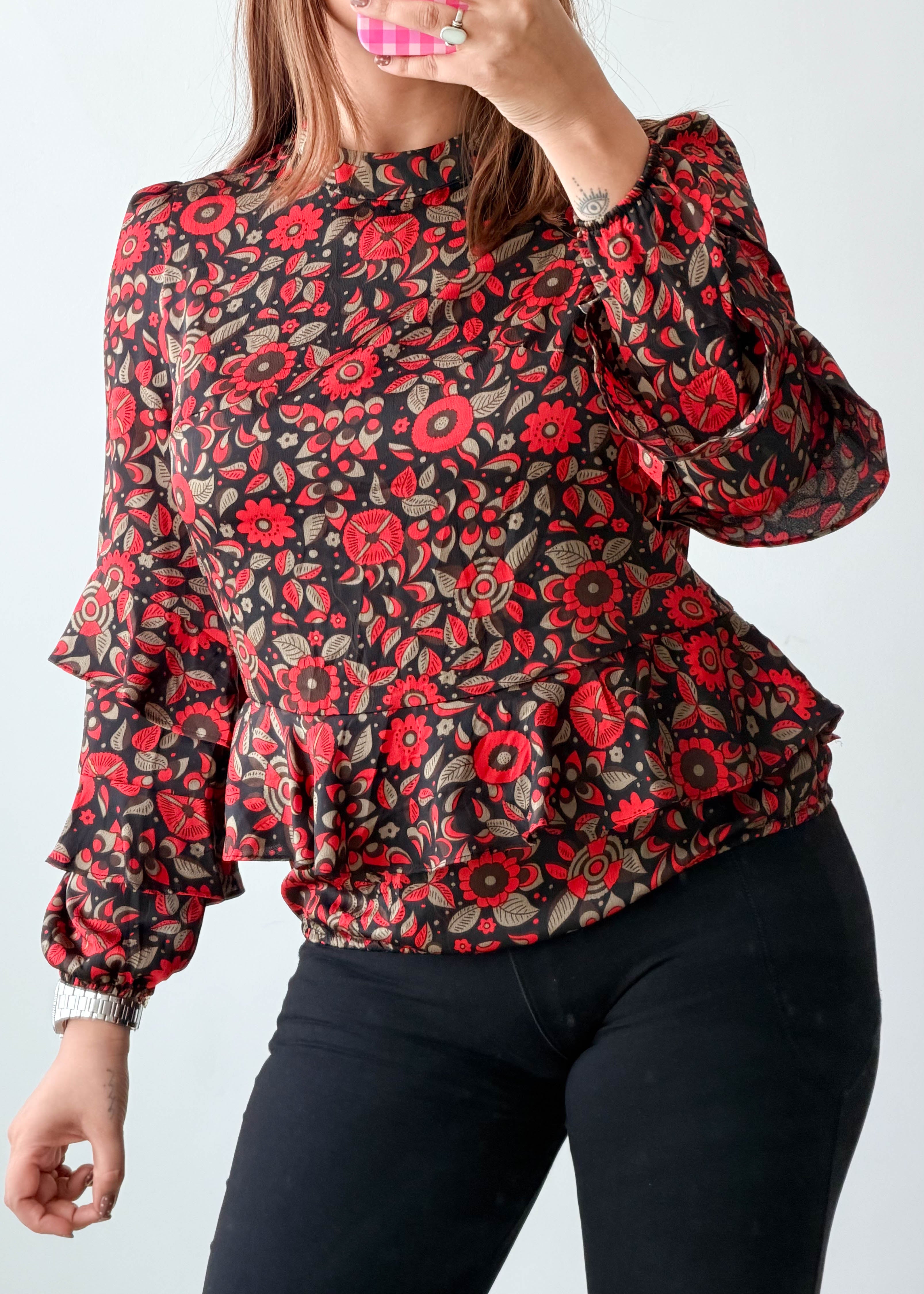 Size S-M Black Red Floral Peplum Top