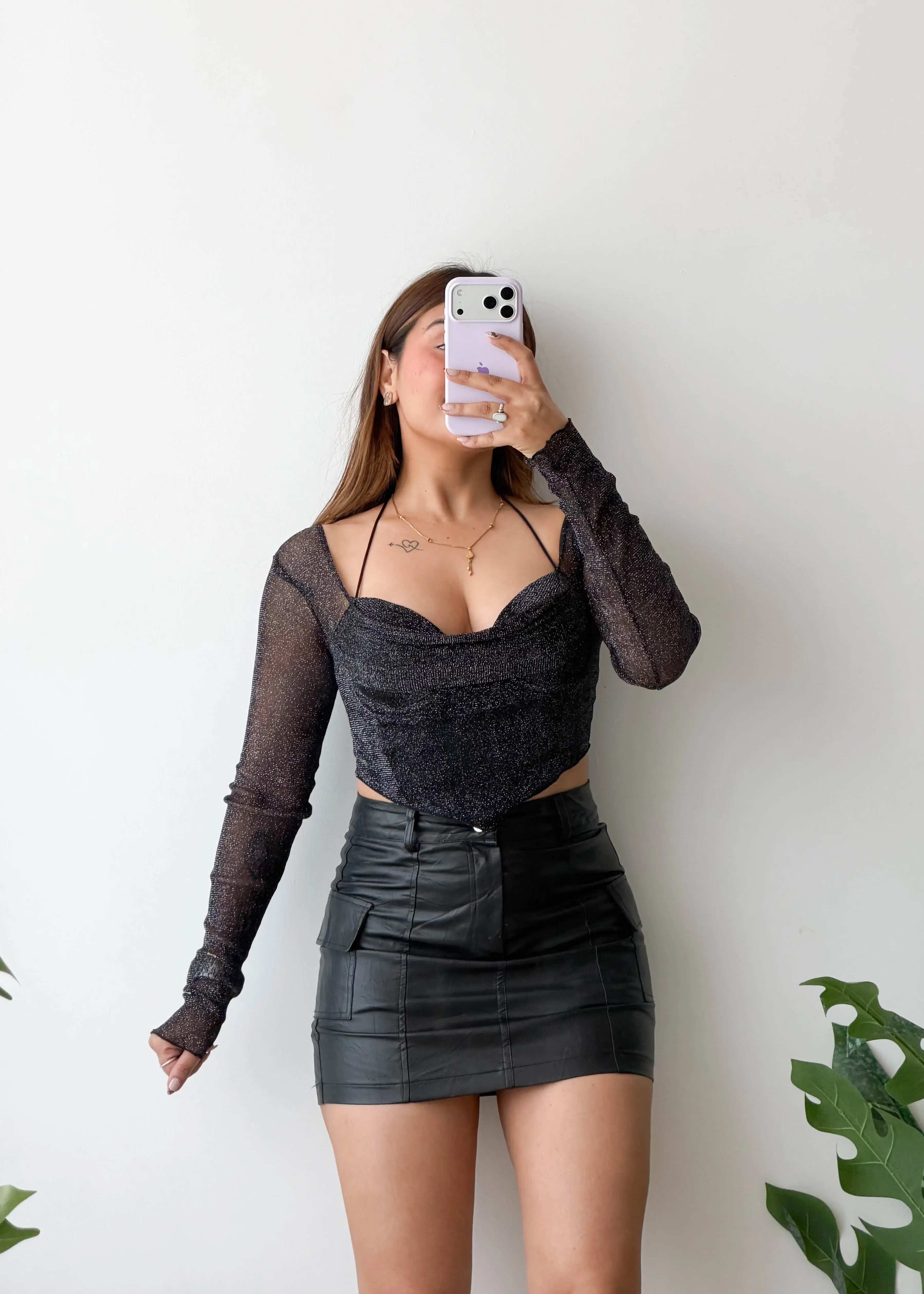 Size S-M, Black Sheer Sleeve Corset Top