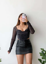 Size S-M, Black Sheer Sleeve Corset Top