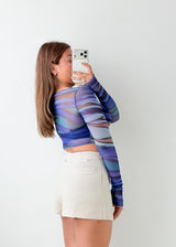 Size XS-S Blue Abstract Mesh Crop Top