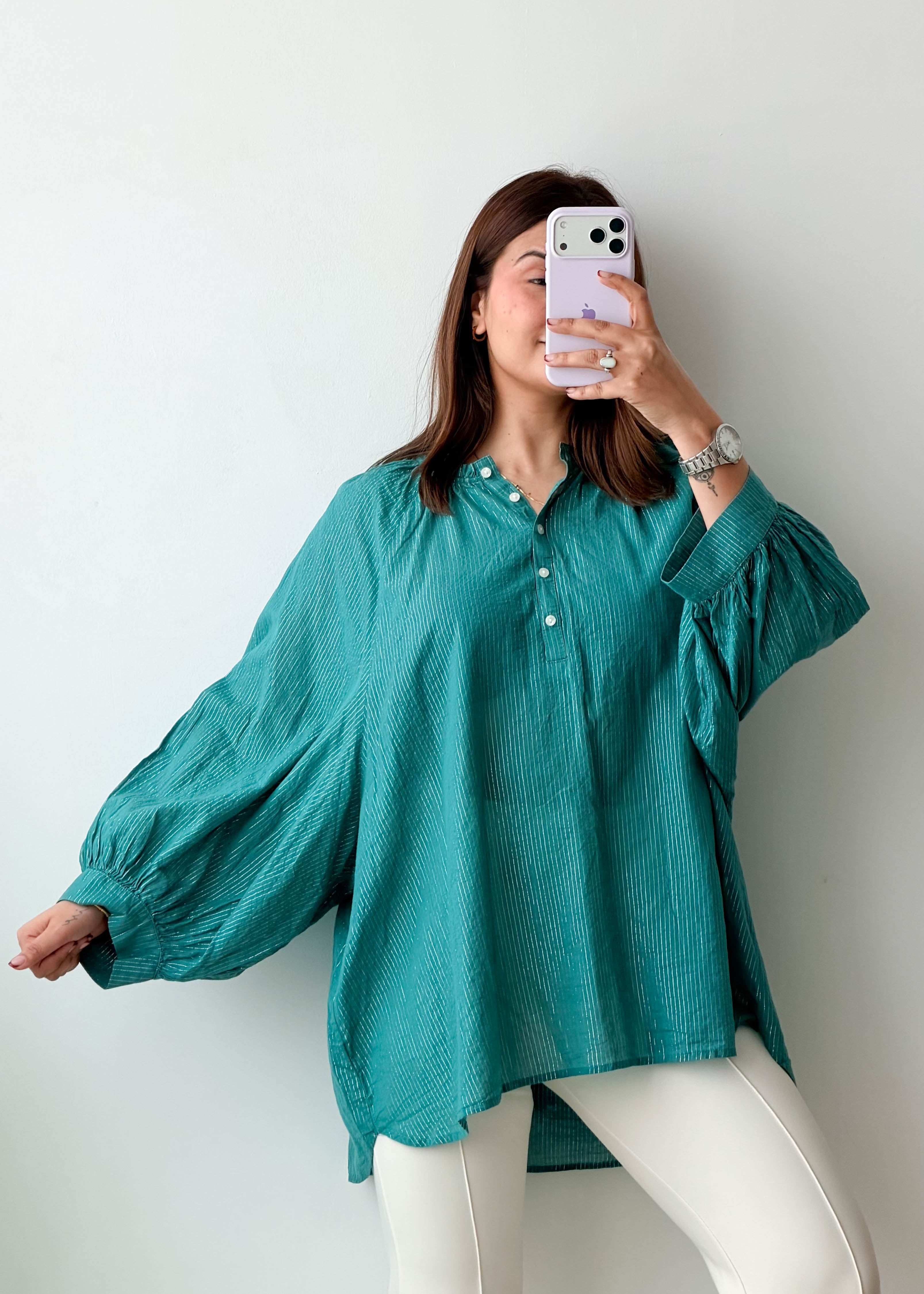 Size M-XL Teal Crinkled Oversized Top
