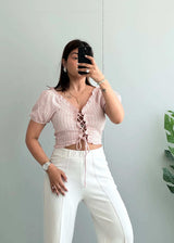 Size XS-S, Ruched Gingham Crop Top with Puff Sleeves - Closet by Payal