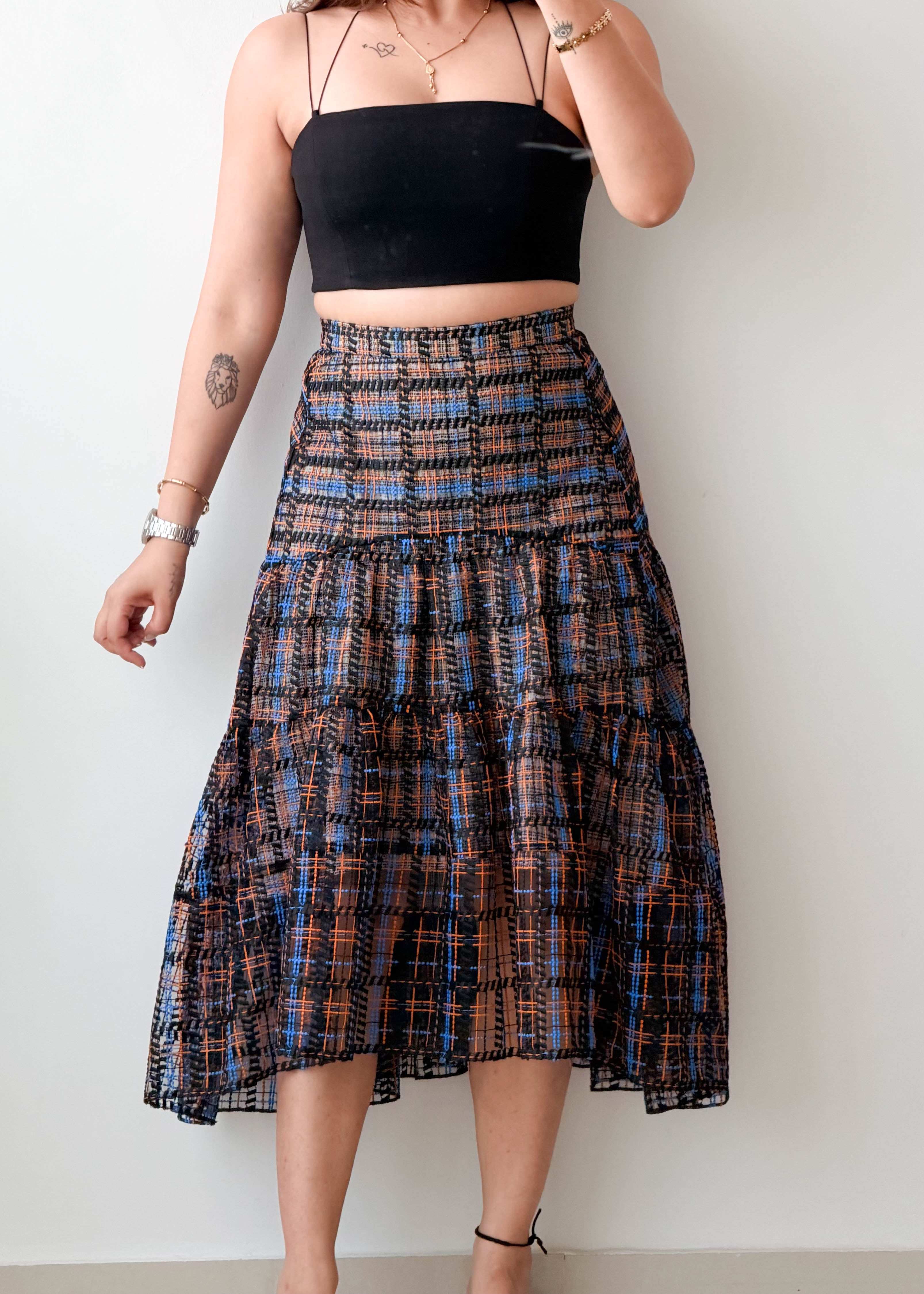 Waist 26-27 Checked Midi Skirt With Lining