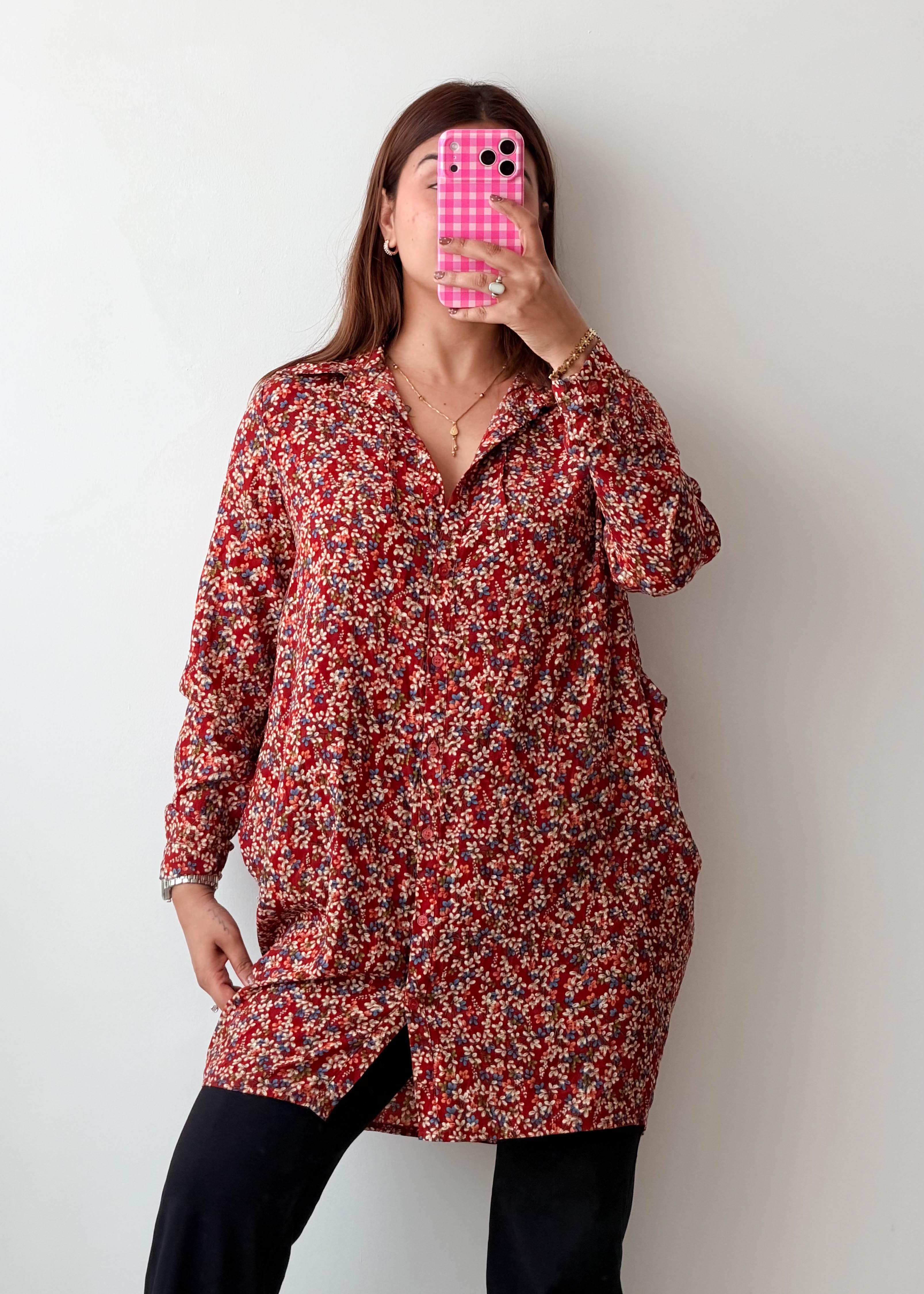 Size M-L Red Floral Longline Shirt Tunic