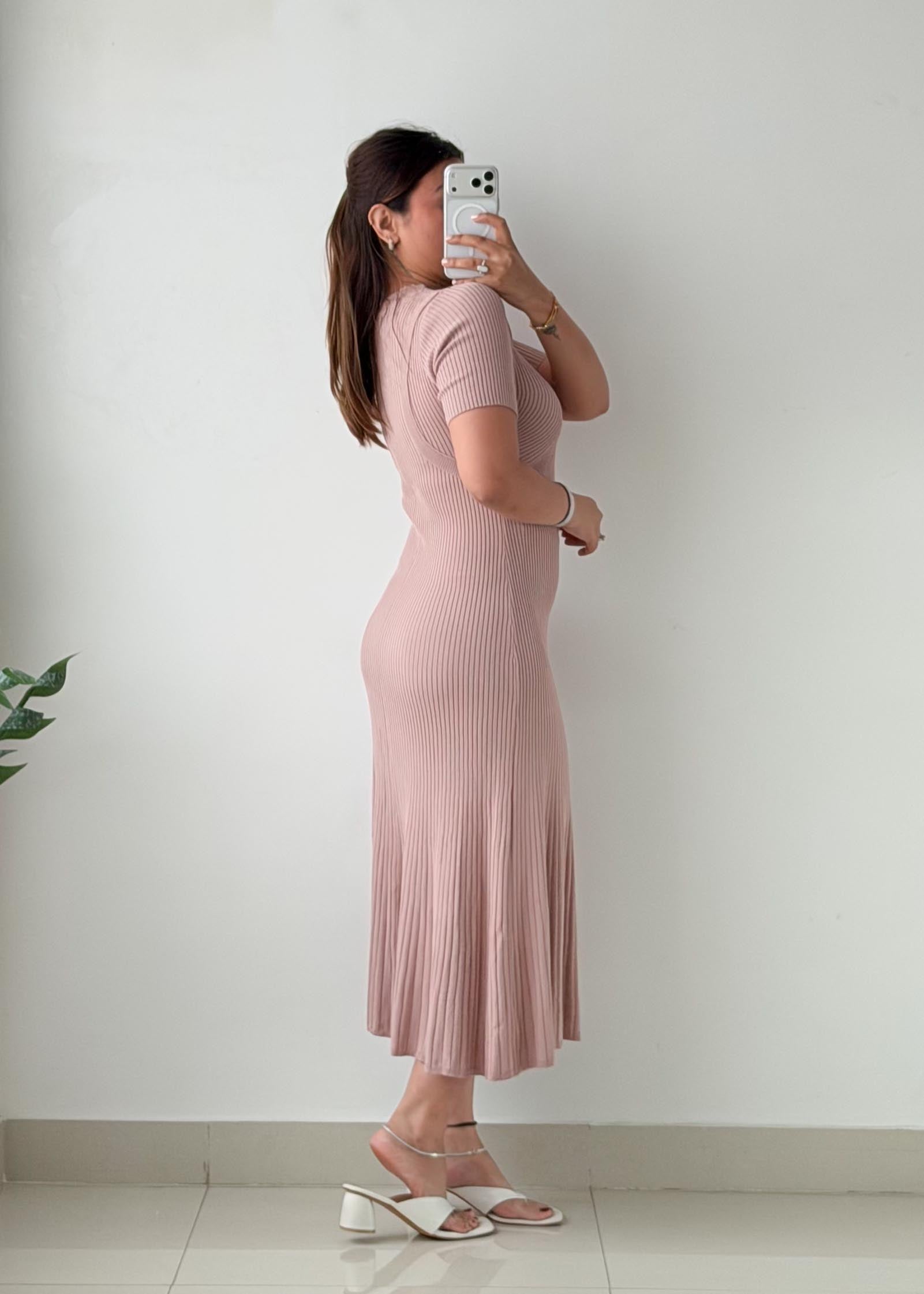 Size S-M Dusty Pink Ribbed Midi Dress