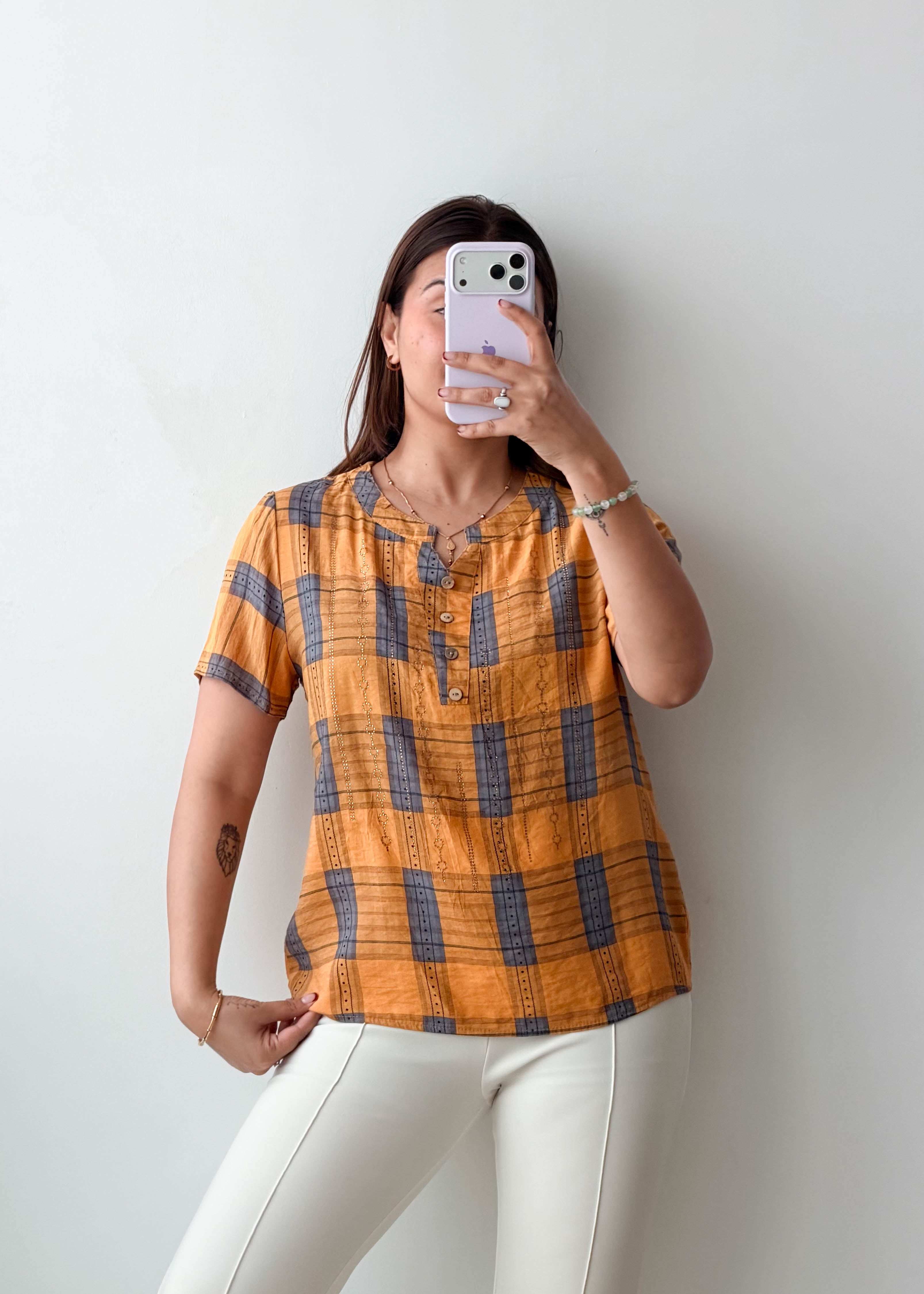 XS-S Mustard Grey Check Cotton Top