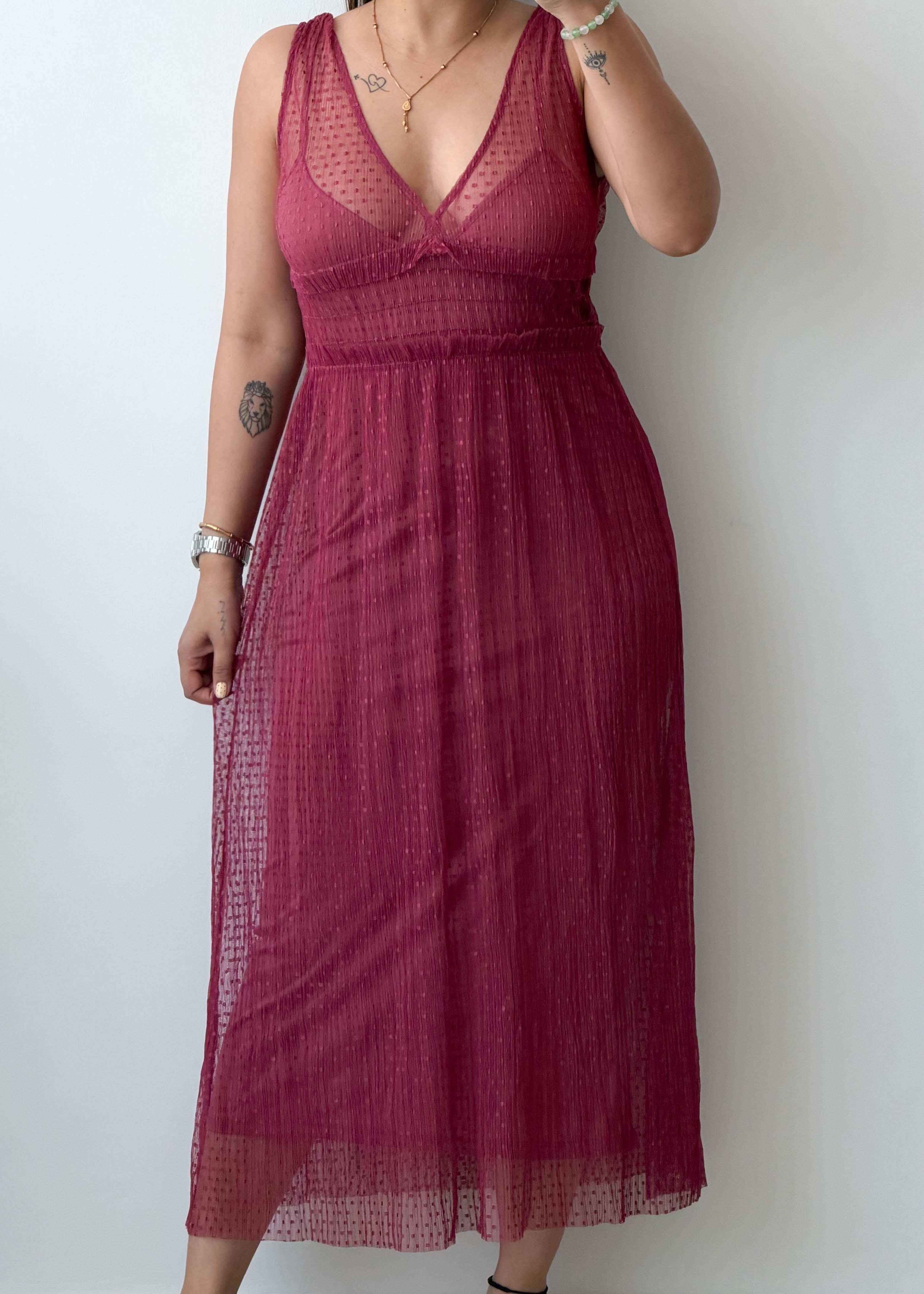 S-M Wine Red Mesh Midi Dress