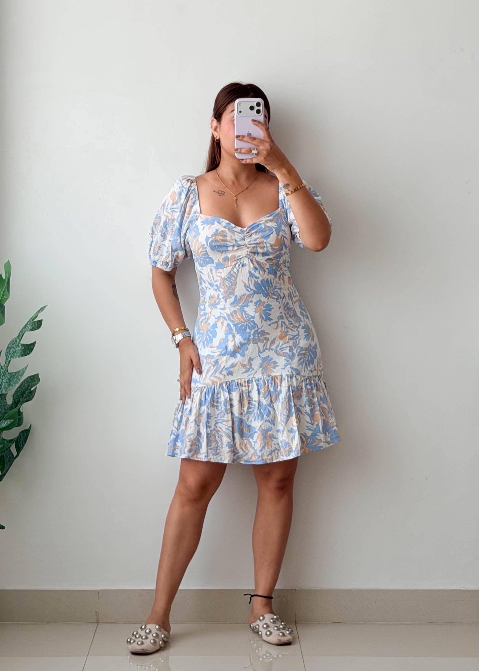 Size M Blue Floral Puff Sleeve Mini Dress