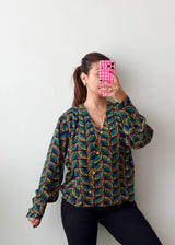 Size M-L Green Geometric Print Blouse