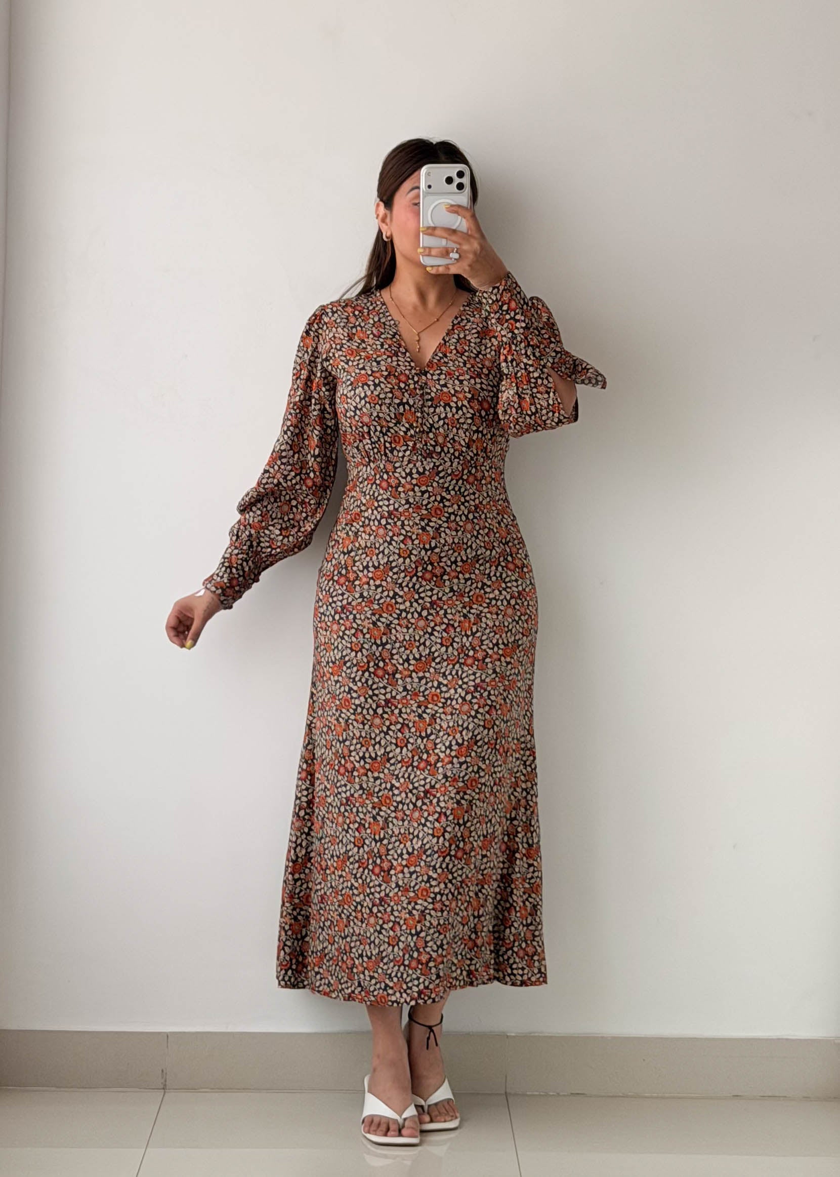 Size XS-S Brown Floral Long Sleeve Maxi Dress