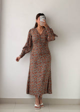 Size XS-S Brown Floral Long Sleeve Maxi Dress