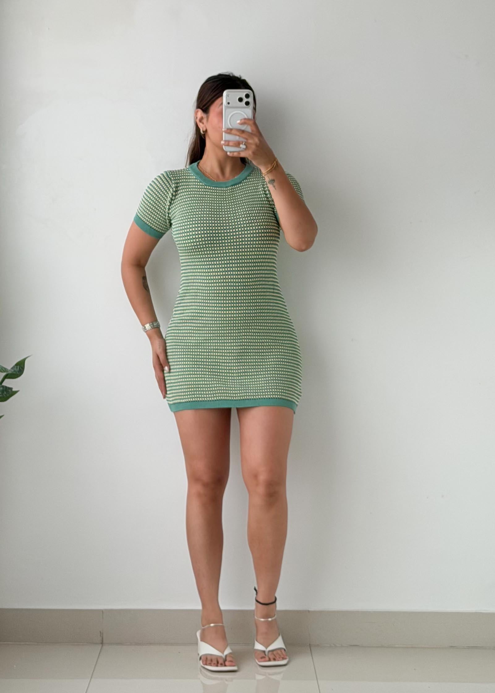 Size S-M Green & White Striped Bodycon Mini Dress