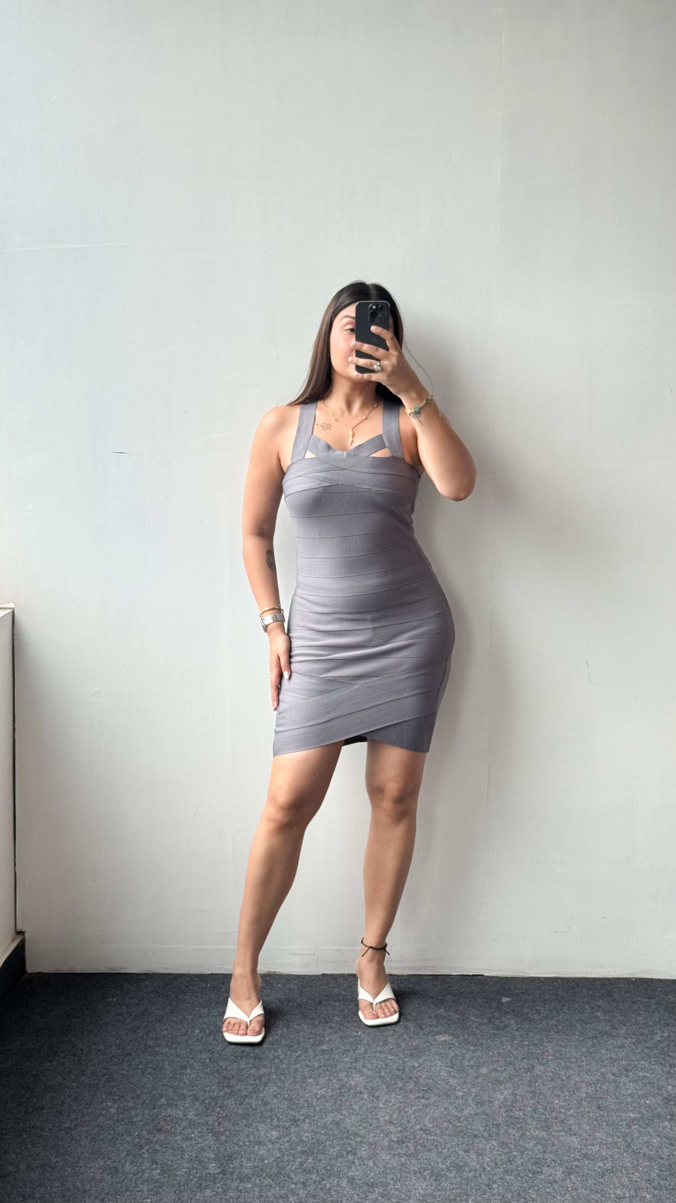 Size XS-S, Grey Strappy Bodycon Mini Dress