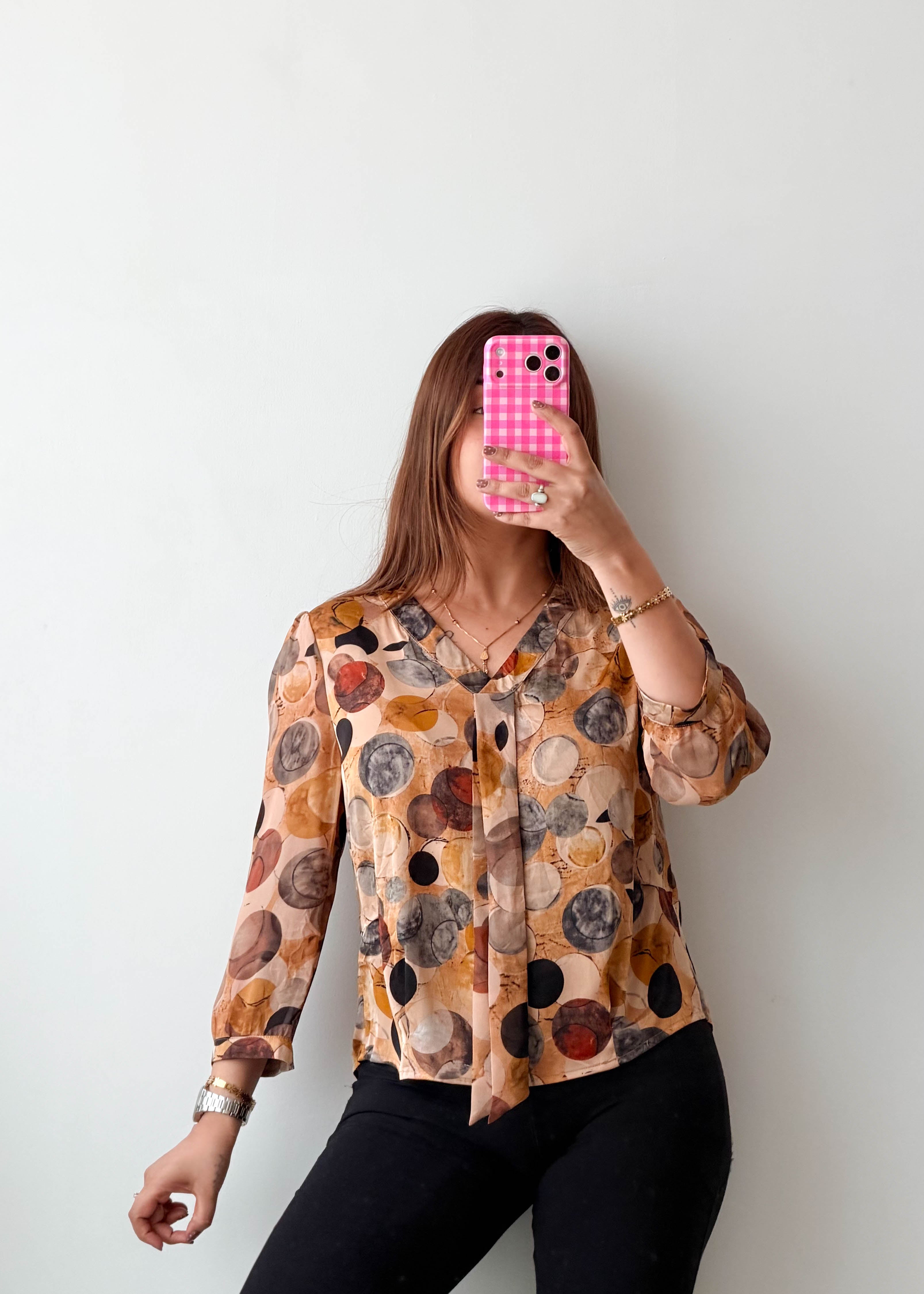 Size S-M Beige Abstract Circle Tie-Neck Blouse