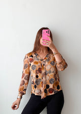 Size S-M Beige Abstract Circle Tie-Neck Blouse