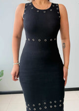 Size S-M, Black Stud Detail Bodycon Midi Dress - Closet by Payal