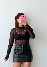 Size XS-S Black Embroidered Mesh Bodysuit