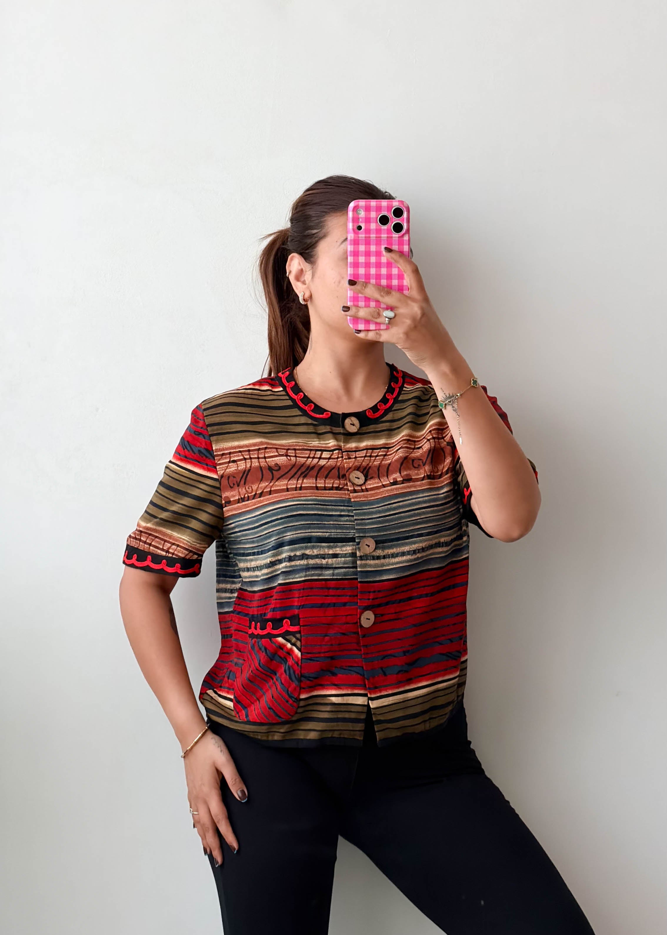 Size M Multicolor Striped Button Top