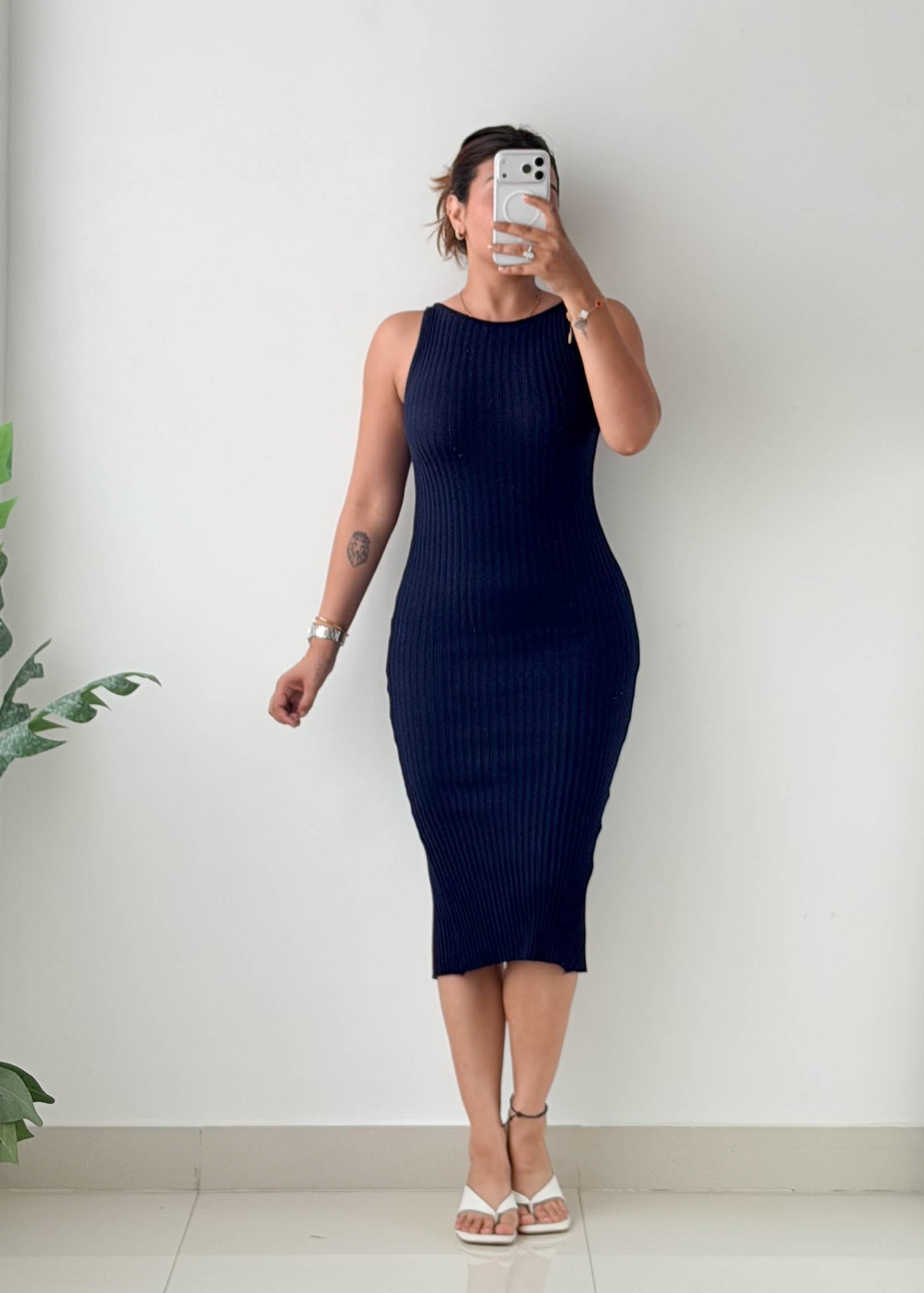Size XS-S Navy Sleeveless Rib Knit Midi Dress