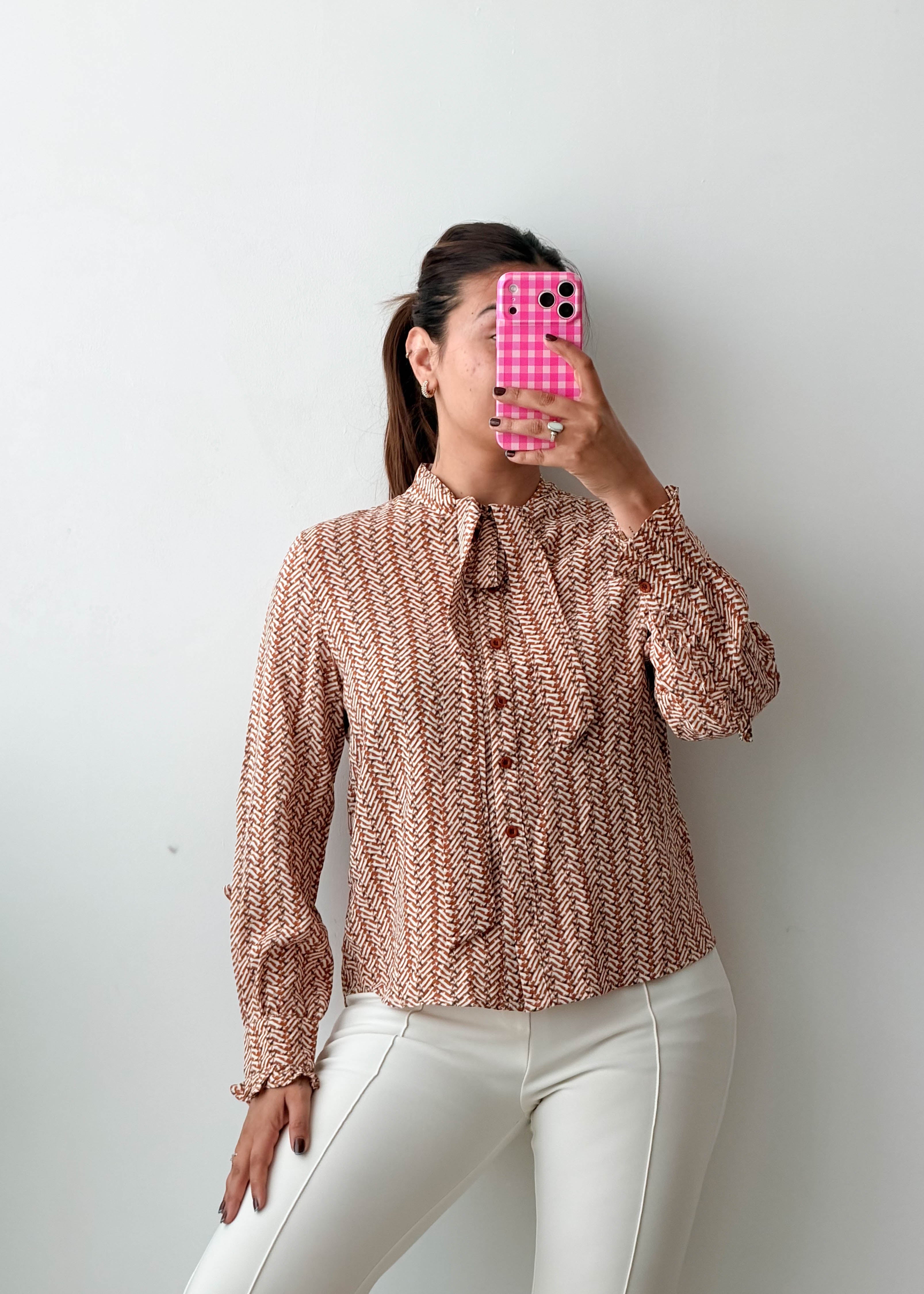 Size XS-S Beige Geometric Tie-Neck Chiffon Blouse