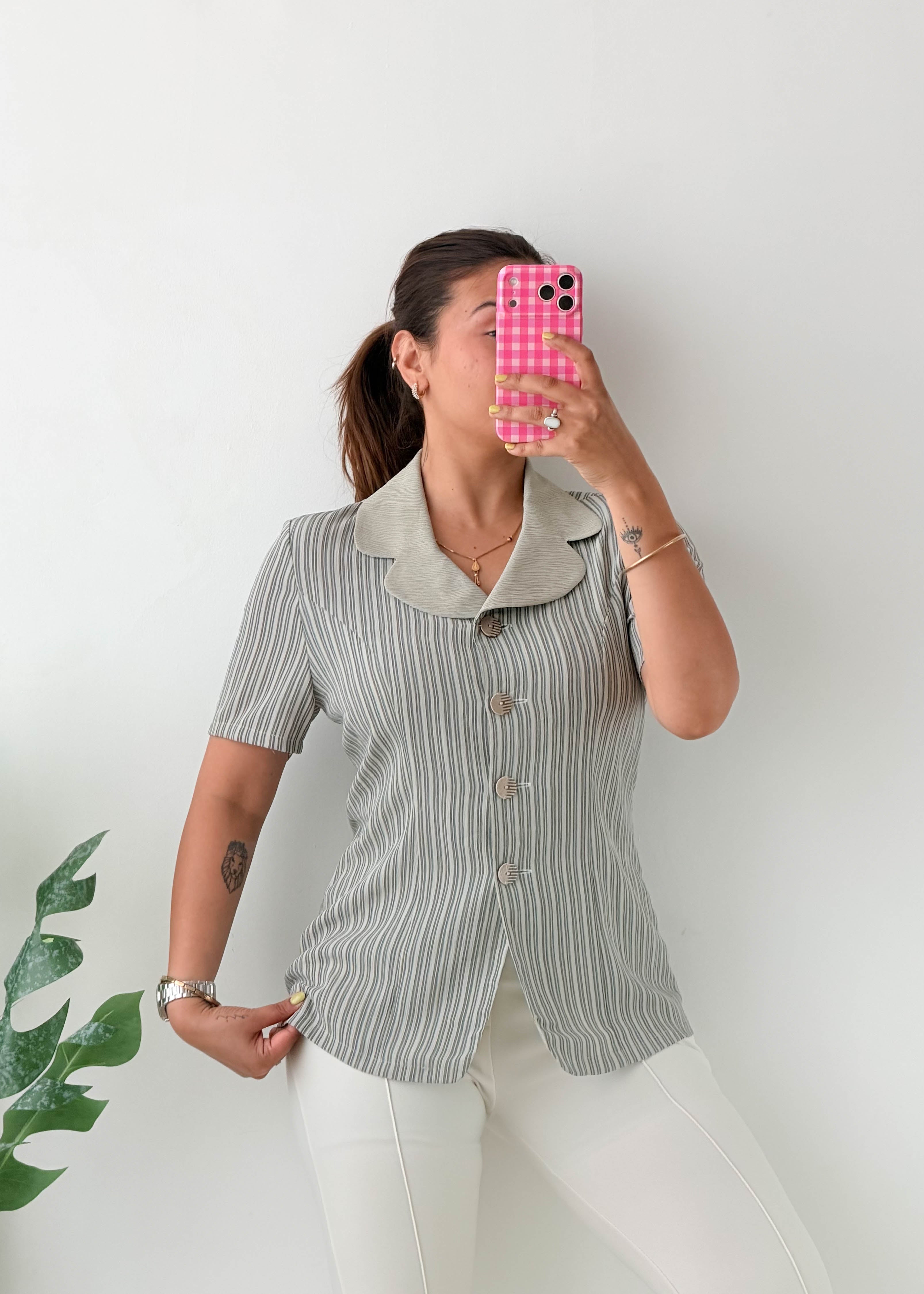 Size S-M Sage Green Pinstripe Collared Top