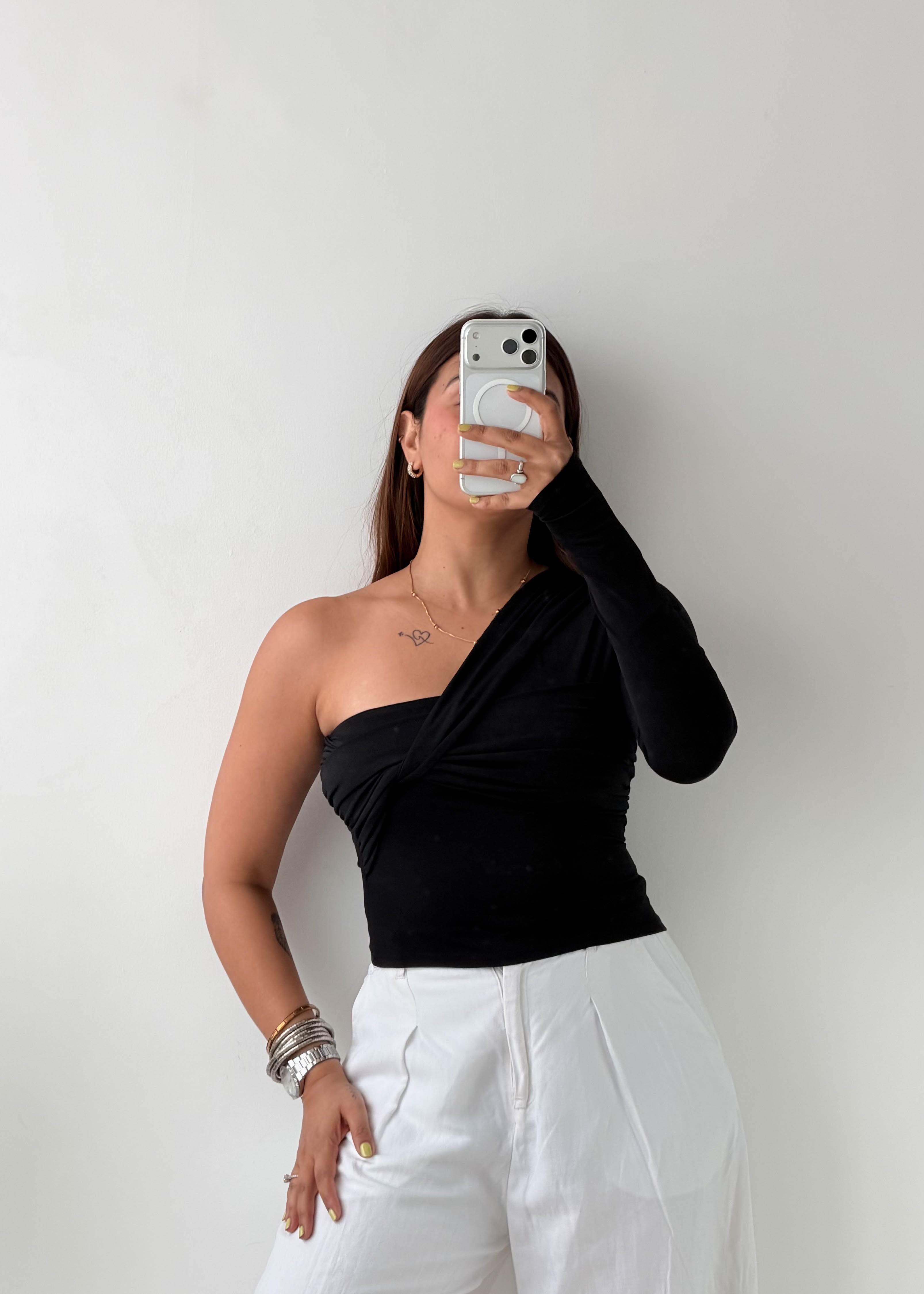 Size S-M Black One-Shoulder Twist Top