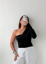 Size S-M Black One-Shoulder Twist Top