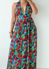 Size XS-M Multicolor Tropical Halter Maxi Dress