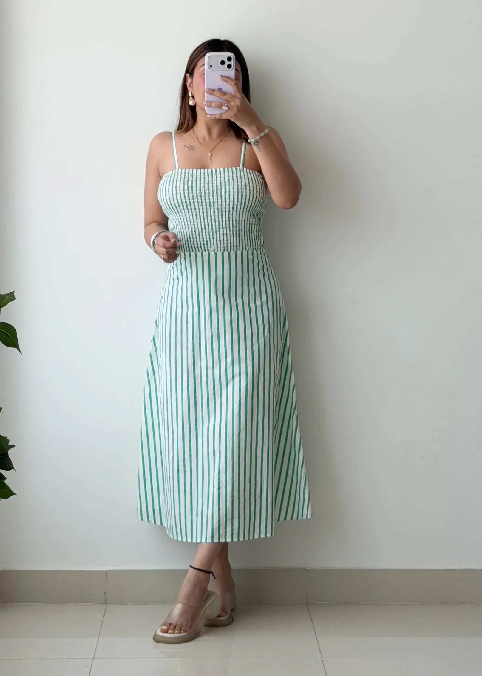 Size S, Green Striped Midi Dress