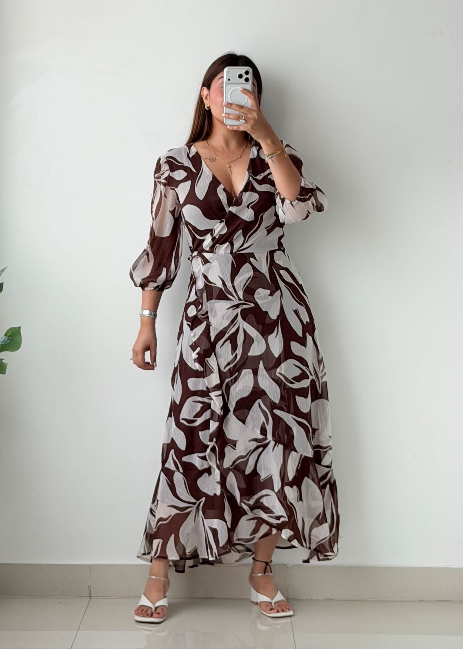 Size XS-S Brown Abstract Printed Wrap Dress