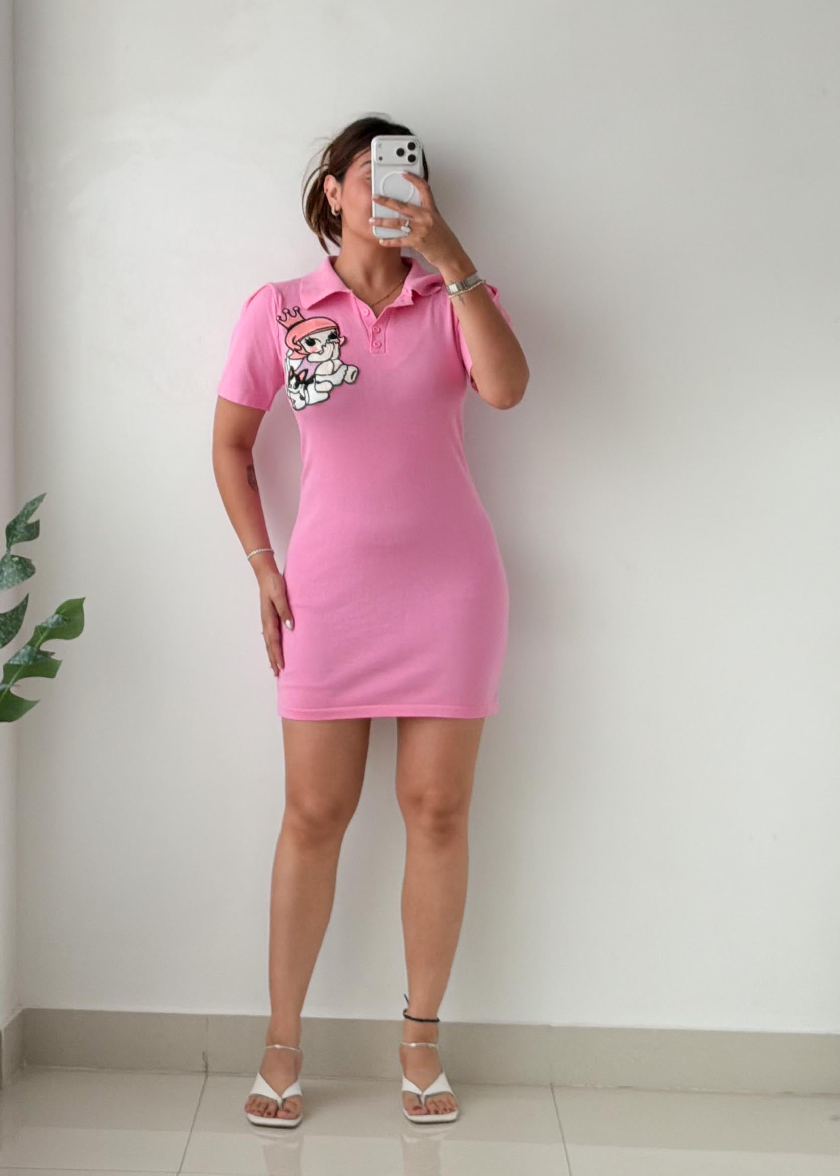 Size M-L Pink Graphic Polo Mini Dress