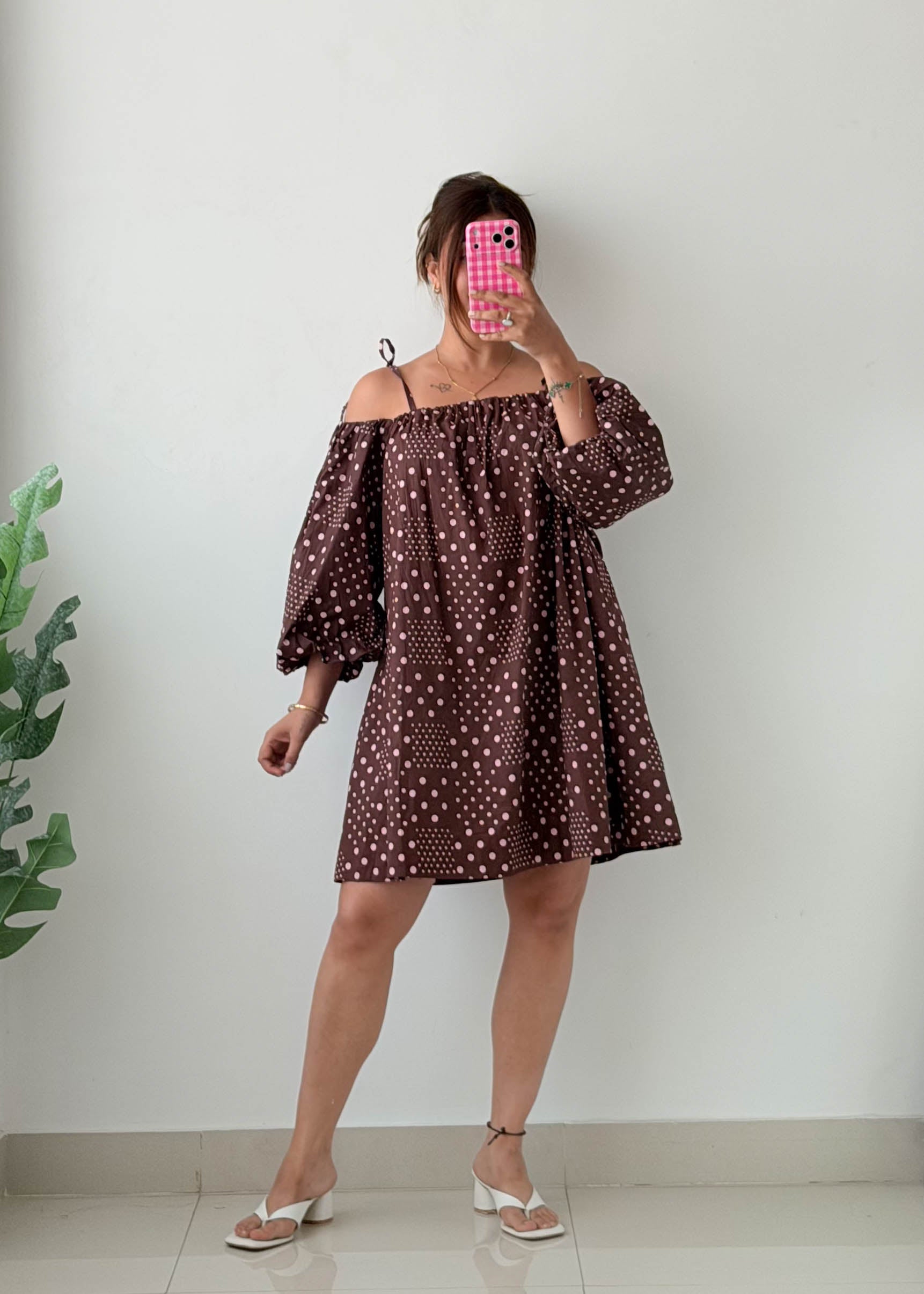 Size XS-S Brown Polka Dot Off-Shoulder Dress