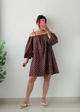 Size XS-S Brown Polka Dot Off-Shoulder Dress