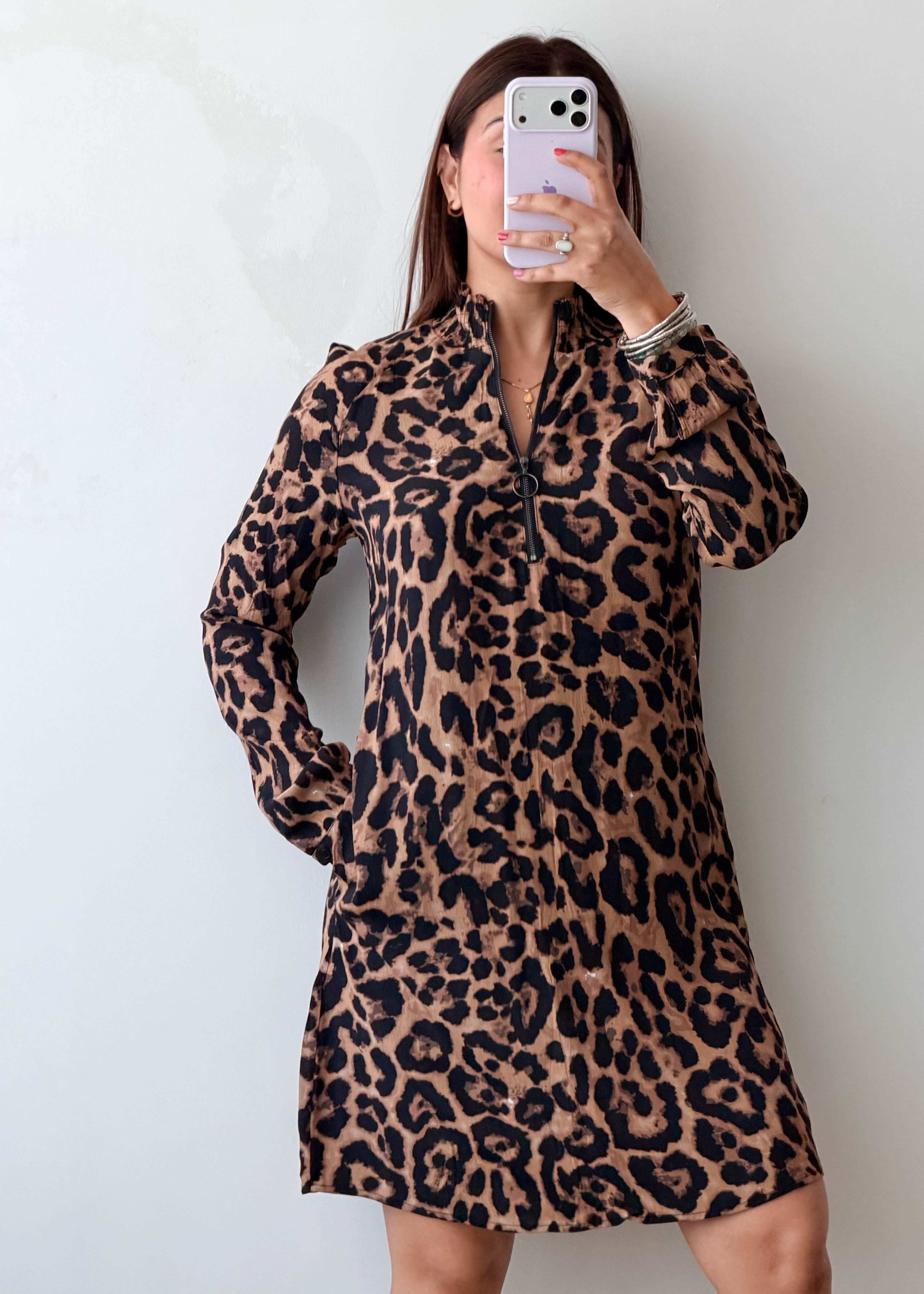 Size S-M Brown Leopard Print Shirt Dress
