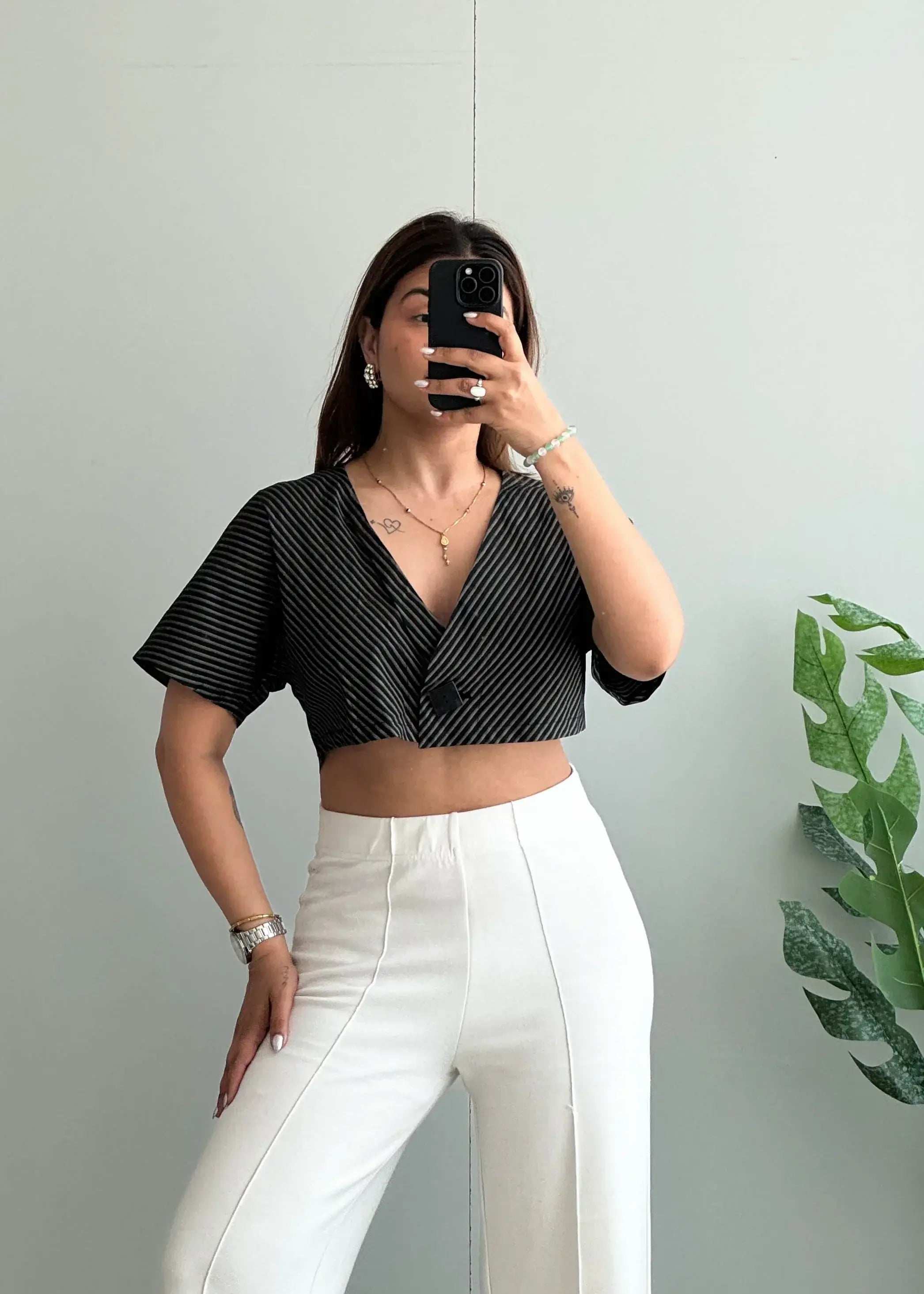 Size S-M, Black Striped V Neck Cropped Blouse - Closet by Payal