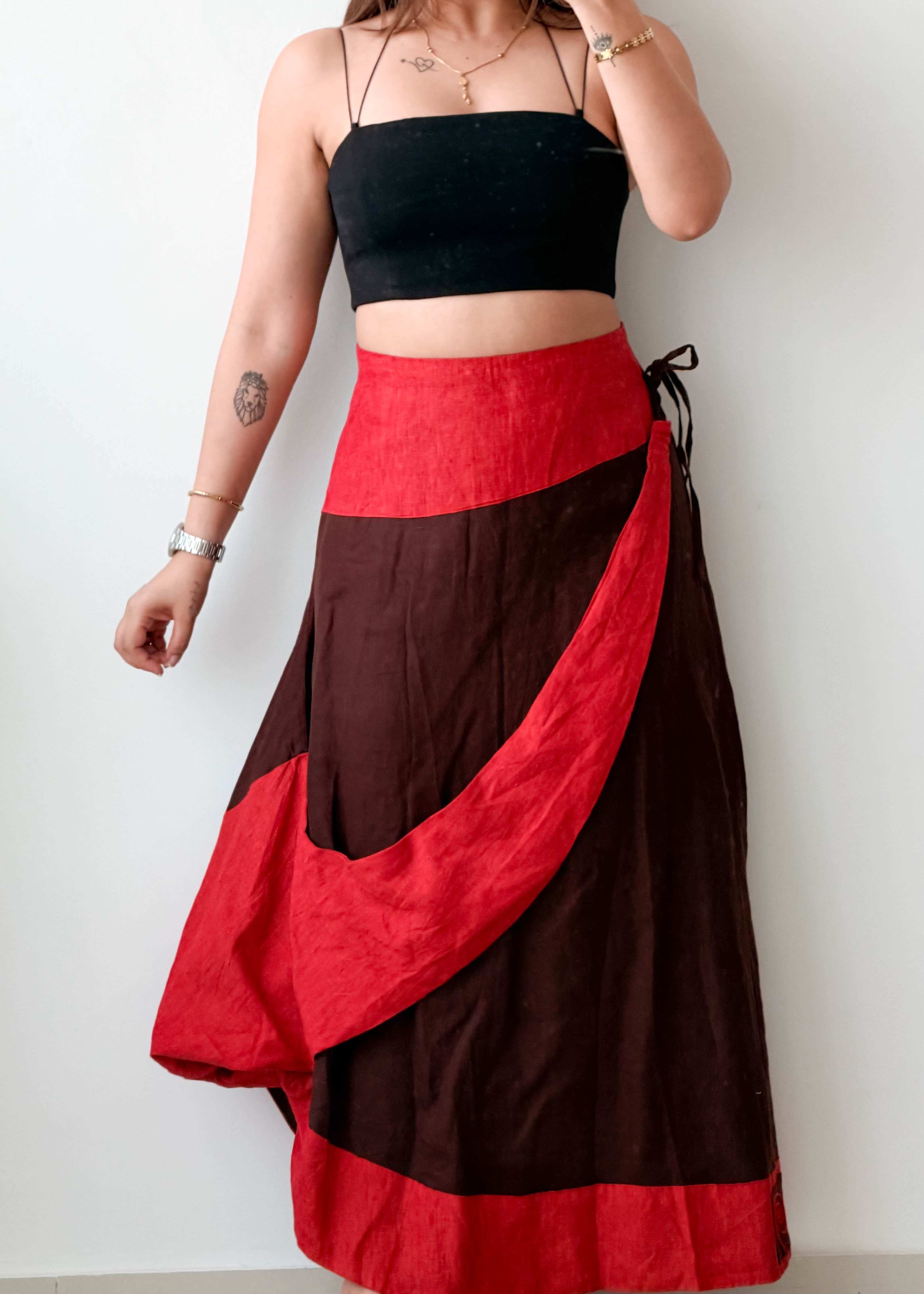 Waist 33-34 Red & Brown Wrap Maxi Skirt