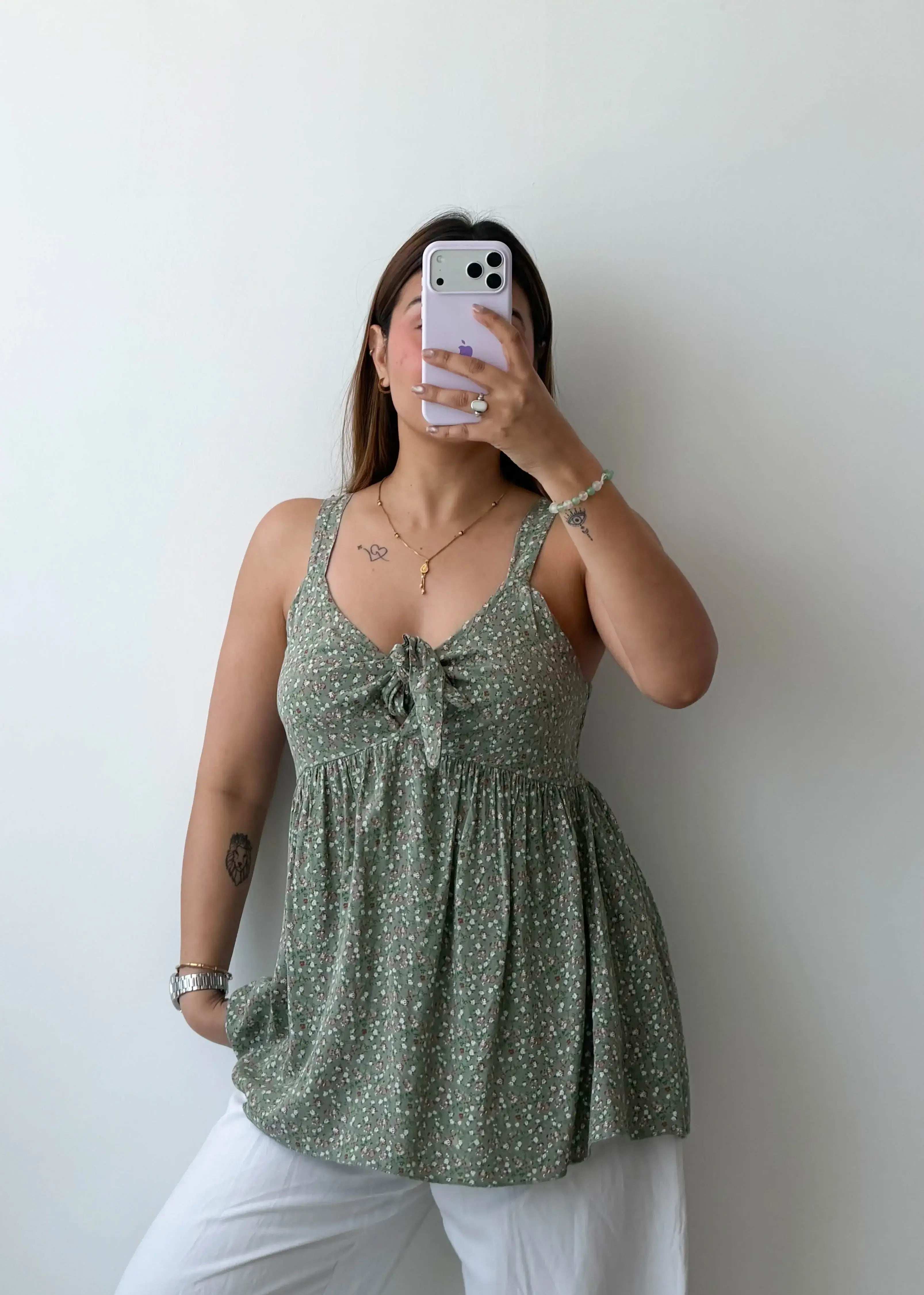 Size S-M Green Printed Peplum Cami Top