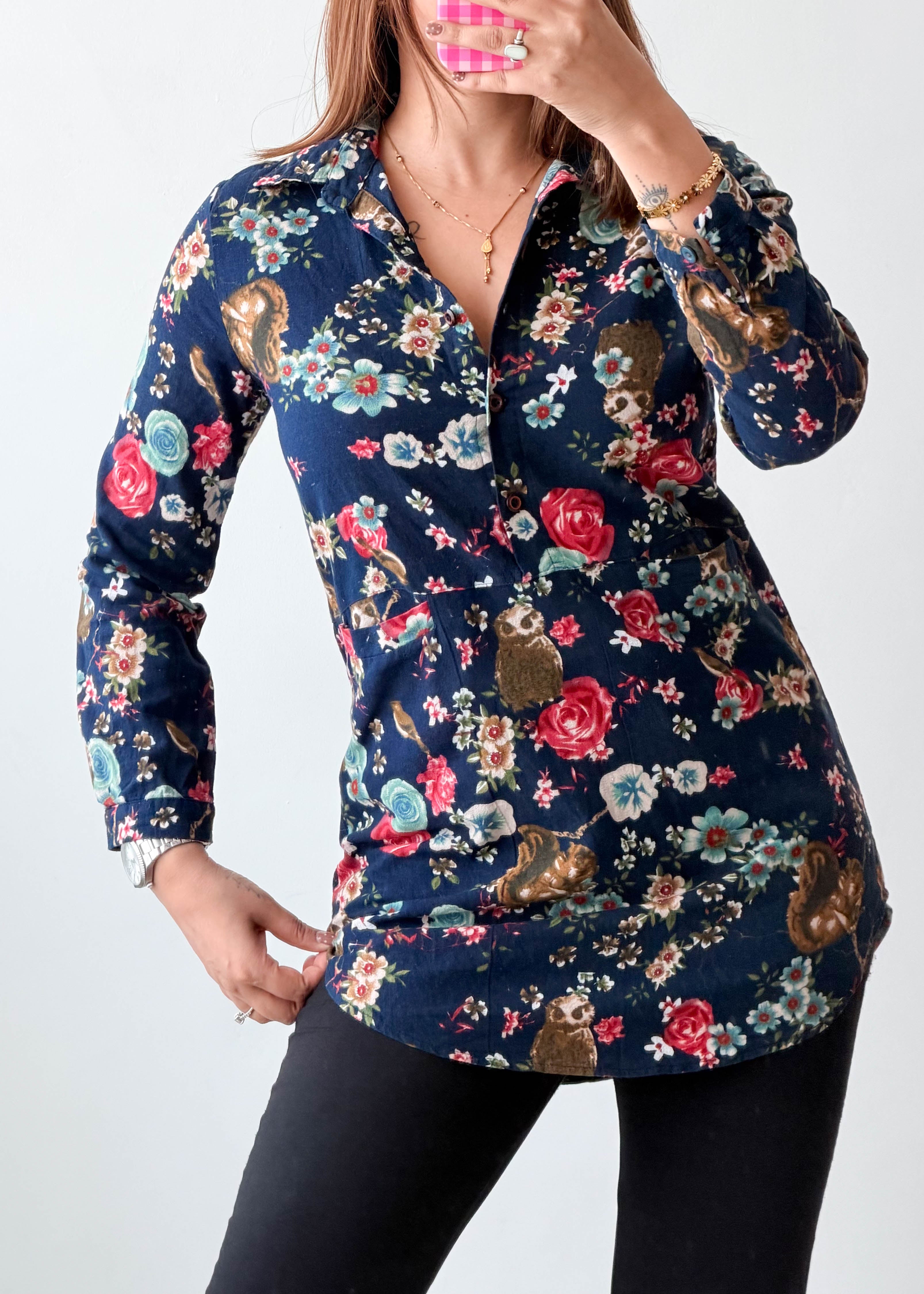 Size XS-S Navy Multicolor Floral Longline Shirt Top