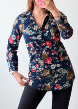 Size XS-S Navy Multicolor Floral Longline Shirt Top