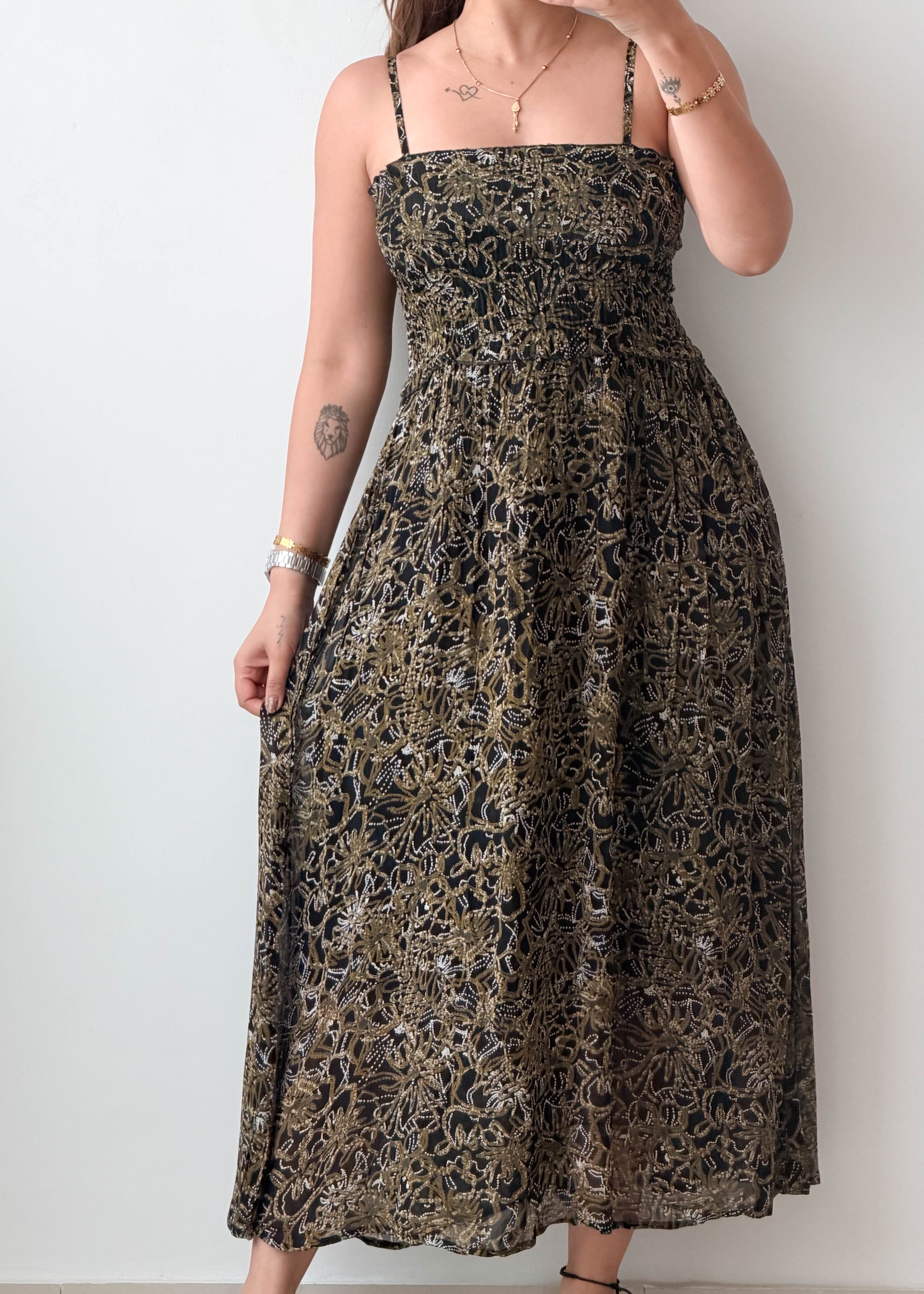 Size XS-S Black & Gold Printed Smocked Maxi Dress