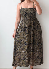 Size XS-S Black & Gold Printed Smocked Maxi Dress