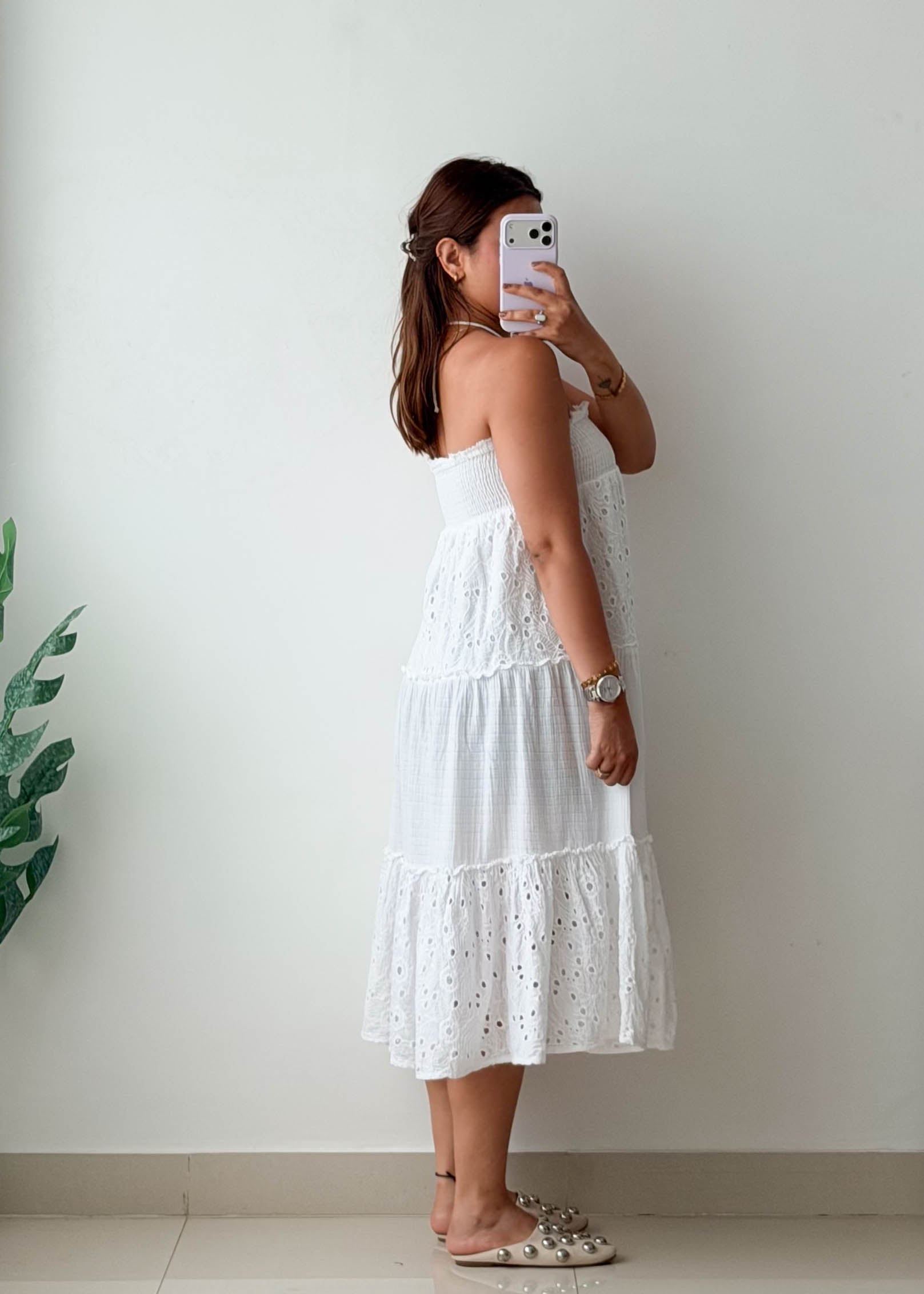 Size M-L White Eyelet Cotton Midi Dress