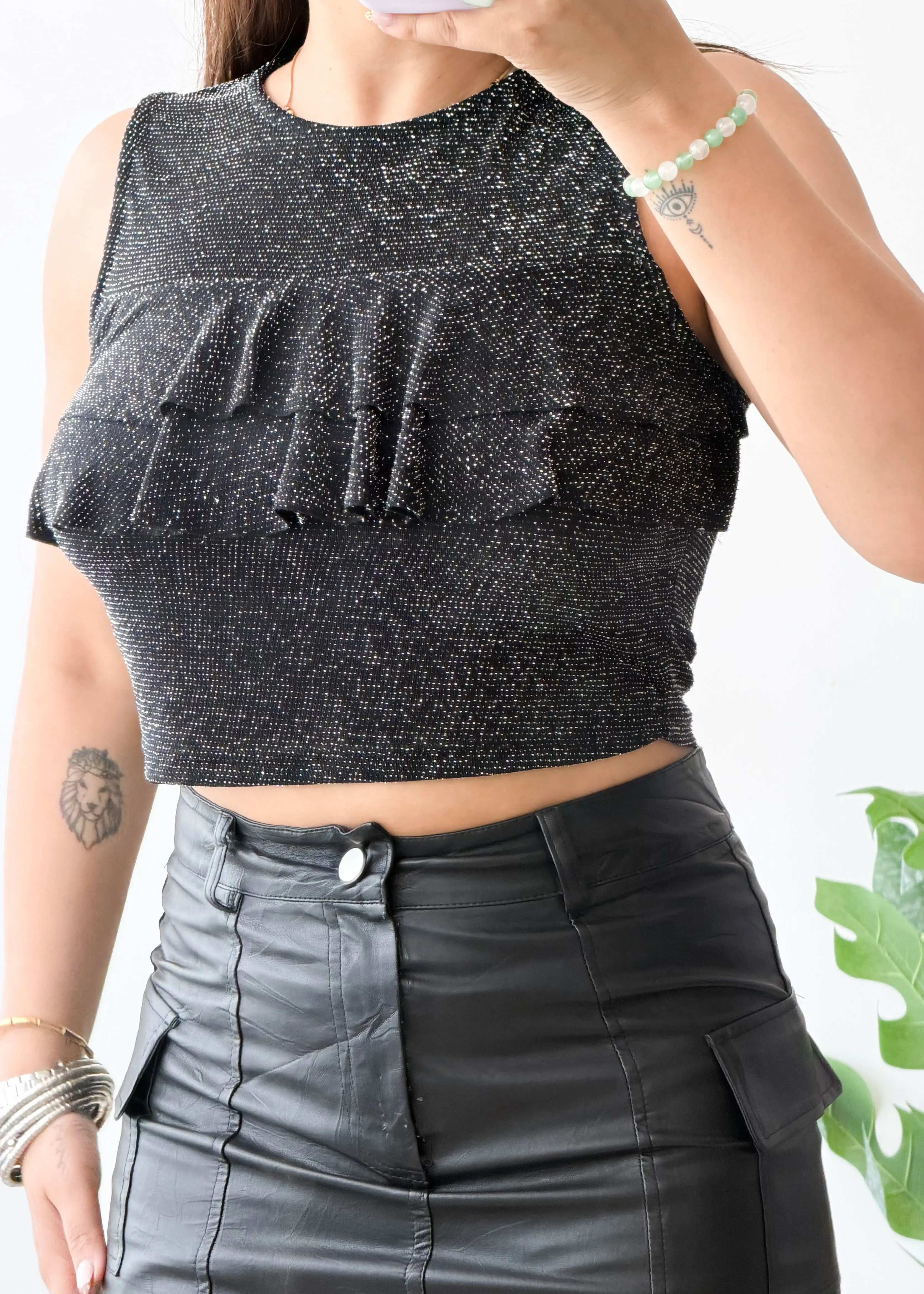 Size S-M, Black Shimmer Crop Top
