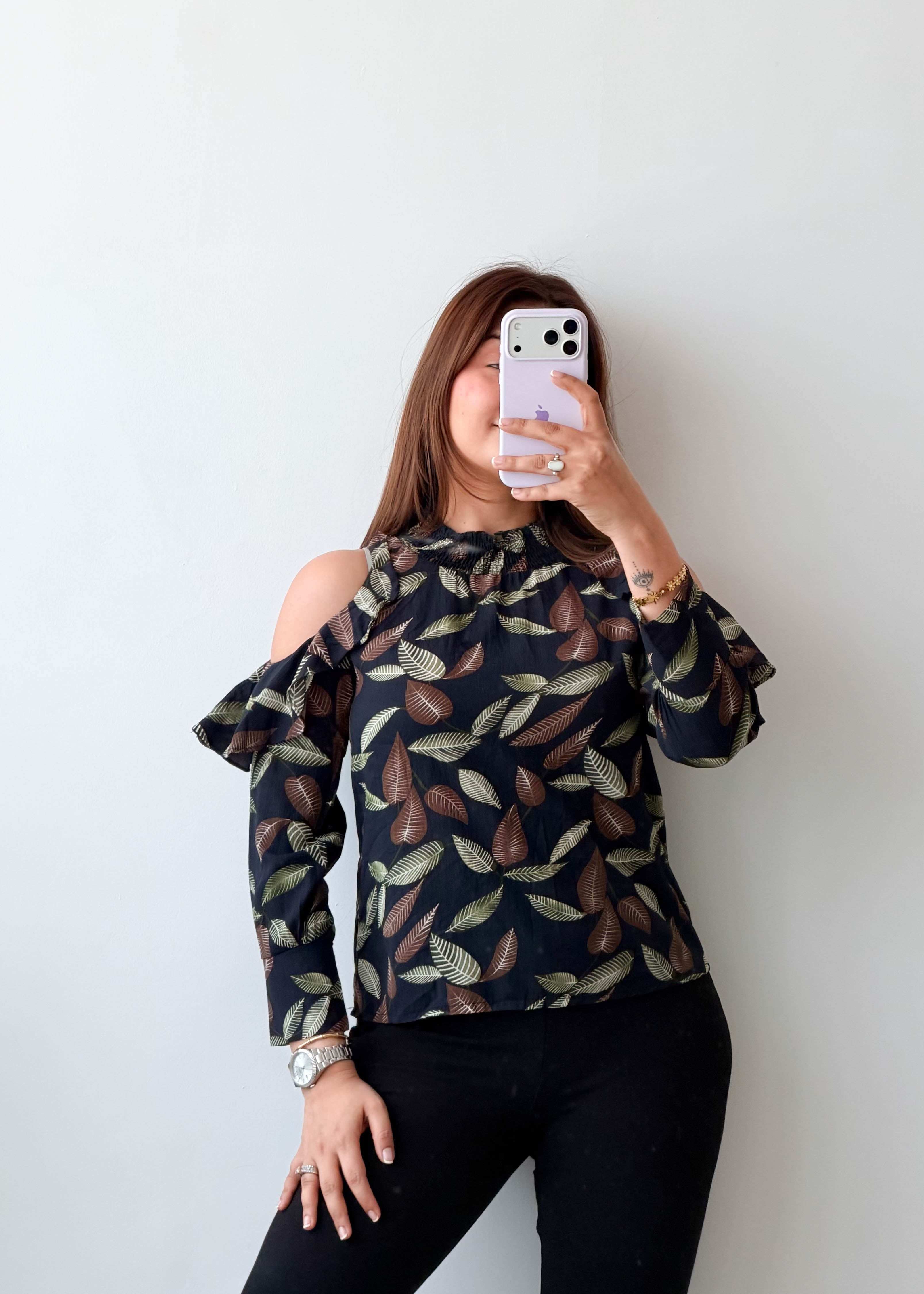 Size XS-S Black Leaf Print Cold Shoulder Top
