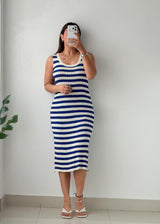 Size M-L Blue & White Striped Ribbed Midi Dress
