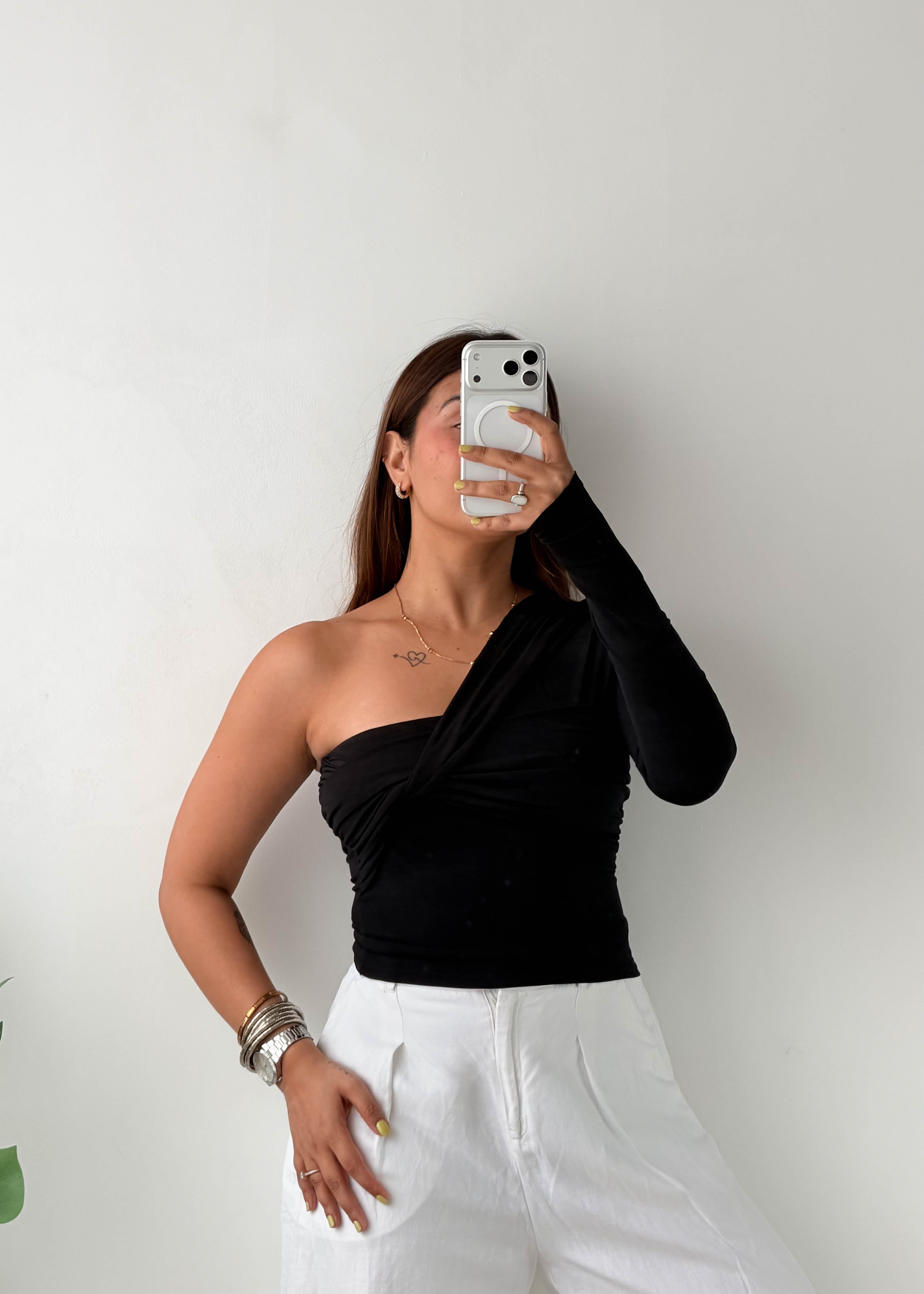Size S-M Black One-Shoulder Twist Top