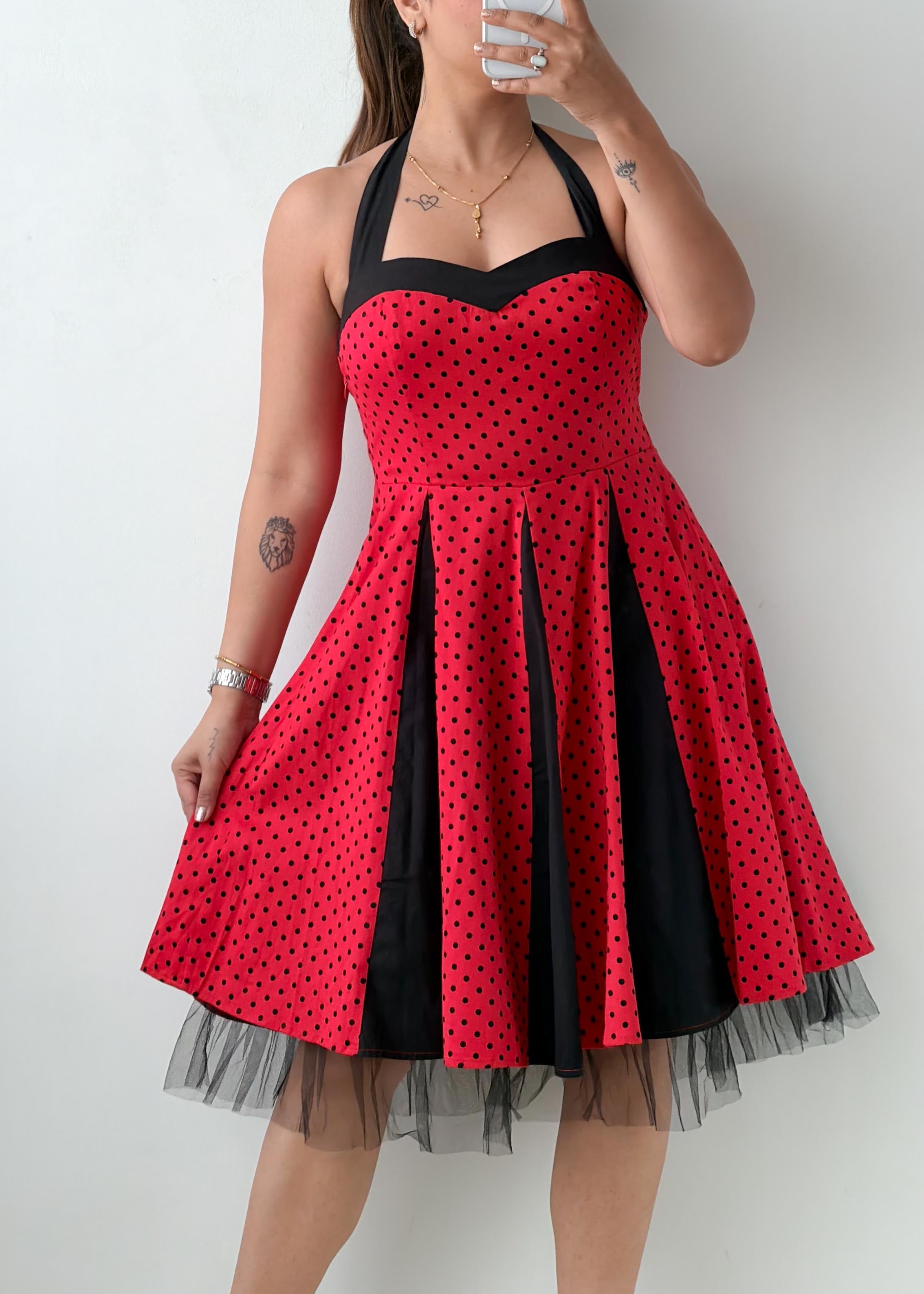 Size S-M Red & Black Polka Dot Fit & Flare Midi Dress